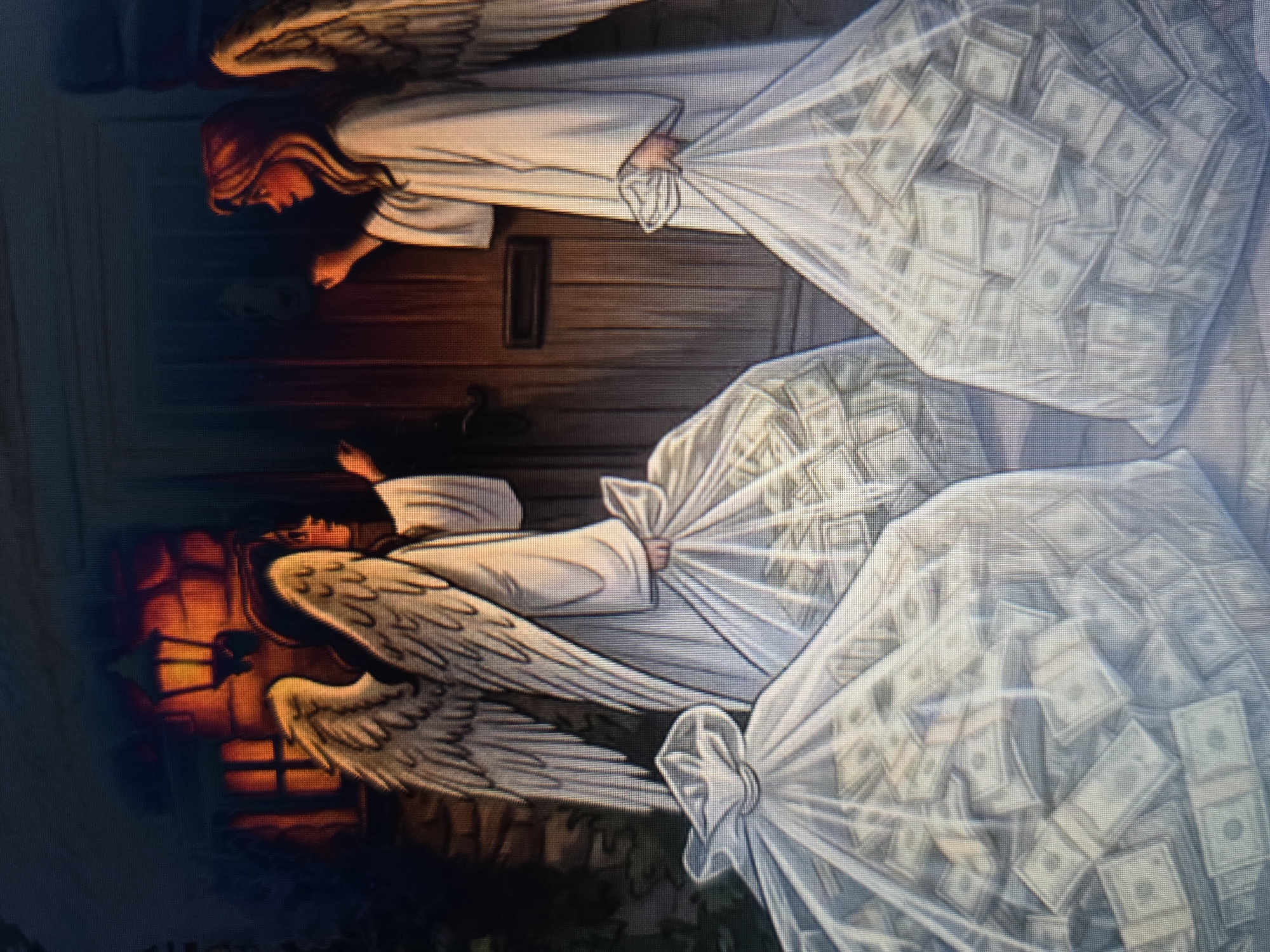 Two winged figures, appearing to be angels, stand before a wooden door with a knocker and a mail slot. They are dressed in long, white robes. Each angel holds a large, translucent bag filled with bundles of US dollar bills. The figure on the left has large, feathered wings extending from its back, and is holding a bag with its left hand. The figure on the right also has feathered wings and is holding a bag with its right hand. Behind the figures, a wall with a glowing lantern and a window can be seen. The scene appears to be an exterior shot, possibly at dusk or night, given the lighting. The location in Petropavlivska Borshchahivka, Ukraine, is not visually depicted in the image itself and cannot be inferred from the provided visual information.