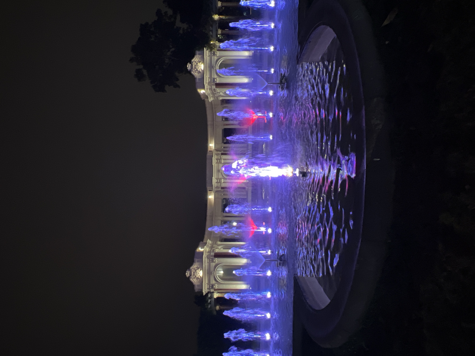 This is a night time, eye-level, medium shot of a fountain with colorful lights in front of a colonnaded building. The fountain is in the foreground and center of the frame, with water jets shooting upwards, illuminated by blue and pink lights. The water reflects the lights, creating a shimmering effect. In the background, a white, classical-style building with arches and columns is visible. The building is also lit, with warm yellow light emanating from within. The sky is dark and cloudy. A silhouetted tree is visible on the right side of the frame. The image was taken in Bilbao, Spain.