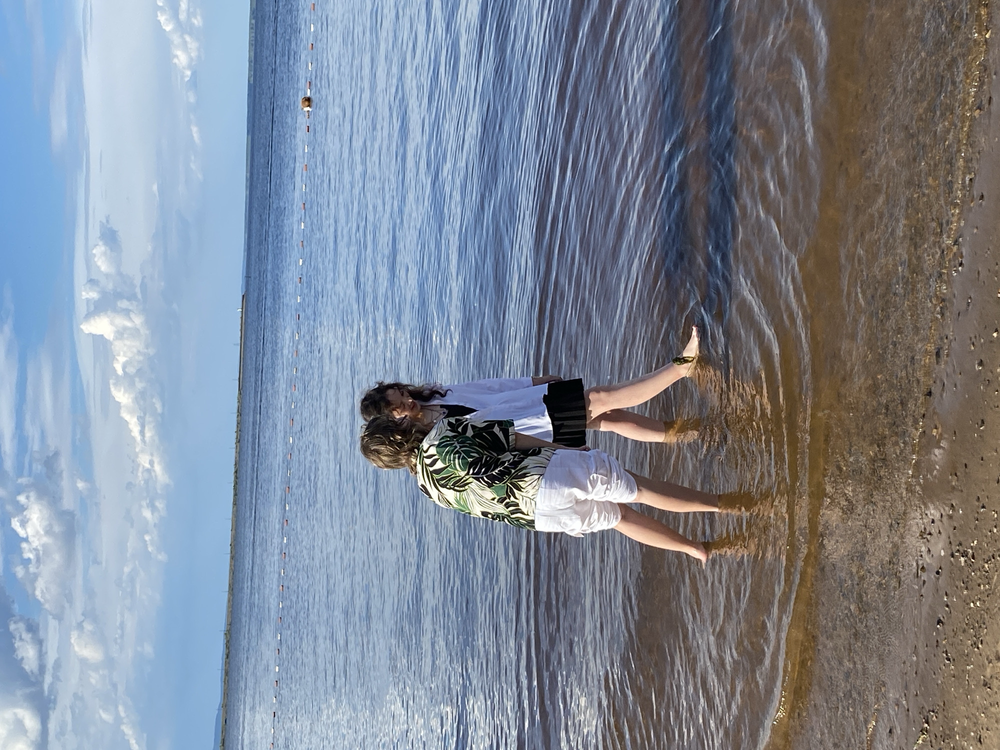 Two individuals are standing in shallow water near a sandy shore. The person in the foreground wears a white shirt with a green leafy pattern and white shorts. The person behind them wears a white top and a dark skirt. Both are facing away from the camera, looking out at the water. Their feet are submerged, and the water is clear enough to see the sandy bottom.
The scene appears to be a lake or a calm sea, with gentle ripples on the surface of the water. A line of buoys or markers stretches across the water in the distance. To the left of the water, a bright blue sky with scattered white clouds is visible. The lighting suggests it is daytime, likely afternoon, with the sun casting a warm glow.
The setting seems to be a natural outdoor environment, possibly a beach or a lakeside. There is no visible text in the image. The overall mood is serene and relaxed, with the two individuals enjoying the water and the scenery. The location context provided is Chaikovsky, Russia.