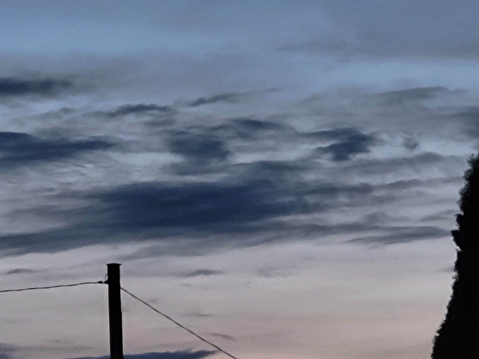 The image depicts a cloudy sky with layered clouds in various shades of gray and blue. In the foreground, a dark, vertical pole with a wire attached to it is visible on the left side. A dark, silhouetted object, possibly a tree, is present on the far right edge of the frame. The overall lighting suggests it is either dawn or dusk. The scene is set in an outdoor environment, likely a moderately populated area due to the presence of a utility pole and wire. No specific landmarks of Jelgava, Latvia are identifiable within the frame.