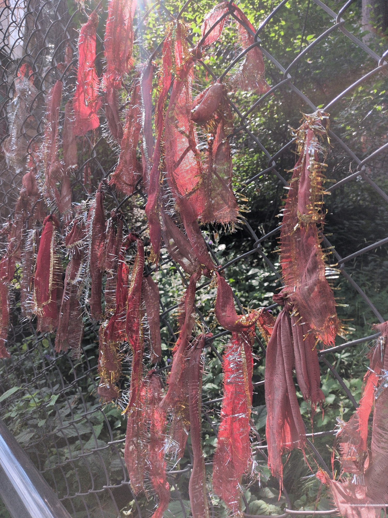 In Manali, India, a chain-link fence is adorned with numerous strips of red fabric, many of which are frayed and appear to be weathered. These fabric strips are interspersed with shiny, tinsel-like material in gold and silver. The fence itself is gray metal, with diamond-shaped openings. Behind the fence, lush green foliage and trees are visible, suggesting an outdoor environment. Sunlight filters through the leaves, creating bright spots and highlights on the fence and the hanging fabric. A portion of a silver railing is visible in the lower-left corner of the image.