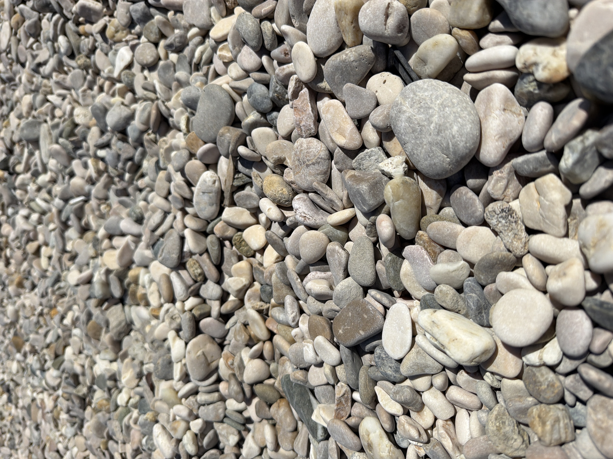 The image shows a close-up, ground-level view of a dense scattering of rounded pebbles on a beach. The pebbles vary in size, shape, and color, ranging from small, light-colored stones to larger, darker ones with grey and brown hues. The overall texture is rough and uneven, with individual stones clearly visible and casting subtle shadows. The lighting suggests it is daytime, likely outdoors. The scene is characteristic of a pebble beach, common in coastal areas. The location is identified as a beach in Općina Baška, Croatia, a municipality known for its numerous beaches and coastal landscapes.