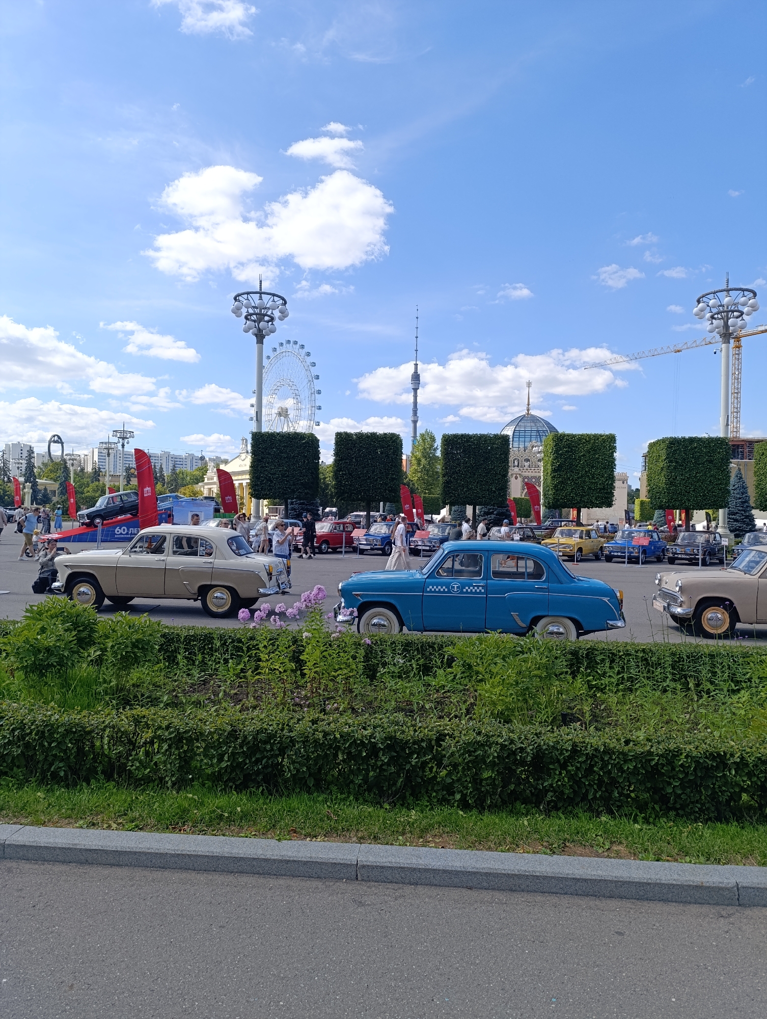 The image depicts an outdoor car exhibition or festival in Moscow, Russia, likely at an exhibition center. In the foreground, a meticulously manicured green hedge runs along the edge of an asphalt road, separating it from the exhibition area. Several vintage cars are parked on the asphalt, with a prominent two-tone beige and cream car in the center. To its right, a blue car, possibly a taxi, with a checkerboard pattern and a taxi sign, is also displayed. Further back, a variety of other classic cars are visible, including a red one and a yellow one.
The background reveals a cityscape with several notable landmarks. A large Ferris wheel is visible, suggesting the location is an amusement park or a venue with such attractions. A tall television or radio tower, likely the Ostankino Tower, stands in the distance. Cranes are also present, indicating ongoing construction or development in the area. The sky is partly cloudy with scattered white clouds against a bright blue backdrop. Several people are milling about, observing the cars and the exhibition, some dressed casually. Red banners with white lettering are also visible, possibly advertising the event or sponsors. The overall scene suggests a sunny day at a public event showcasing vintage automobiles.