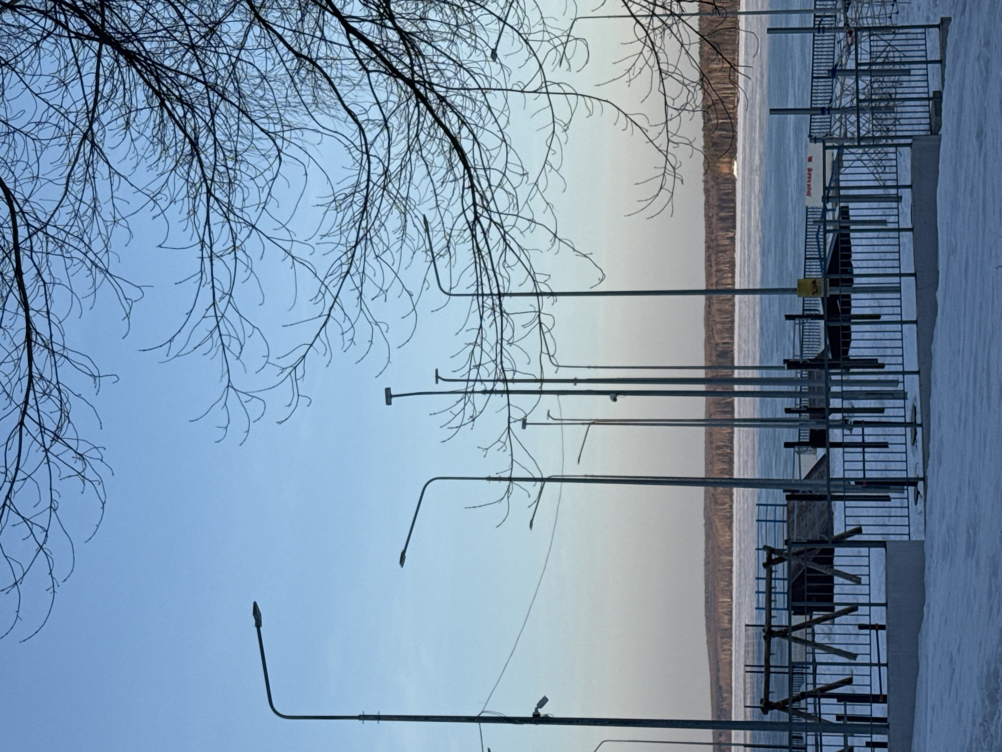 The image shows a winter scene, likely taken in the city of Chaikovsky, Russia. In the foreground, there's a row of street lamps and metal railings covered in snow, indicating a waterfront area. Beyond the railing, a partially frozen body of water can be seen, possibly the Kama River, as the area is known for. The opposite shore is visible in the distance with a band of trees. In the upper left corner of the image, bare tree branches extend across the sky. The sky itself shows a gradient of light blue, suggesting it's either dawn or dusk. There are no people visible in the scene.