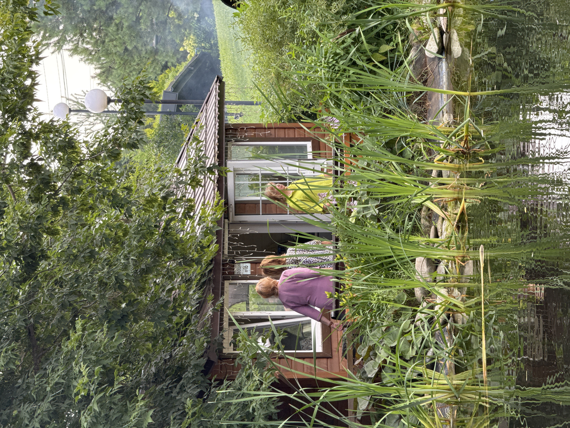 The image depicts a small wooden gazebo by a pond, set within a lush green environment. Three women are visible standing on the porch of the gazebo, with two facing away from the camera and one facing towards the left. The woman on the far left wears a purple top, the middle woman wears a patterned top, and the woman on the right wears a bright yellow top. The gazebo has a brown roof and wooden siding, with several windows and an open doorway. String lights hang from the eaves of the gazebo. Tall green reeds and other vegetation grow along the edge of the pond in the foreground, and their reflections are visible on the water's surface. In the background, trees and a grassy slope can be seen, along with two spherical streetlights on poles. A wisp of smoke is visible rising from the right side of the background, suggesting a fire or barbecue. The overall impression is a serene, natural setting, possibly a park or a backyard. While the image is set in Izhevsk, Russia, the exact location within the city is not discernible from the visual information provided.