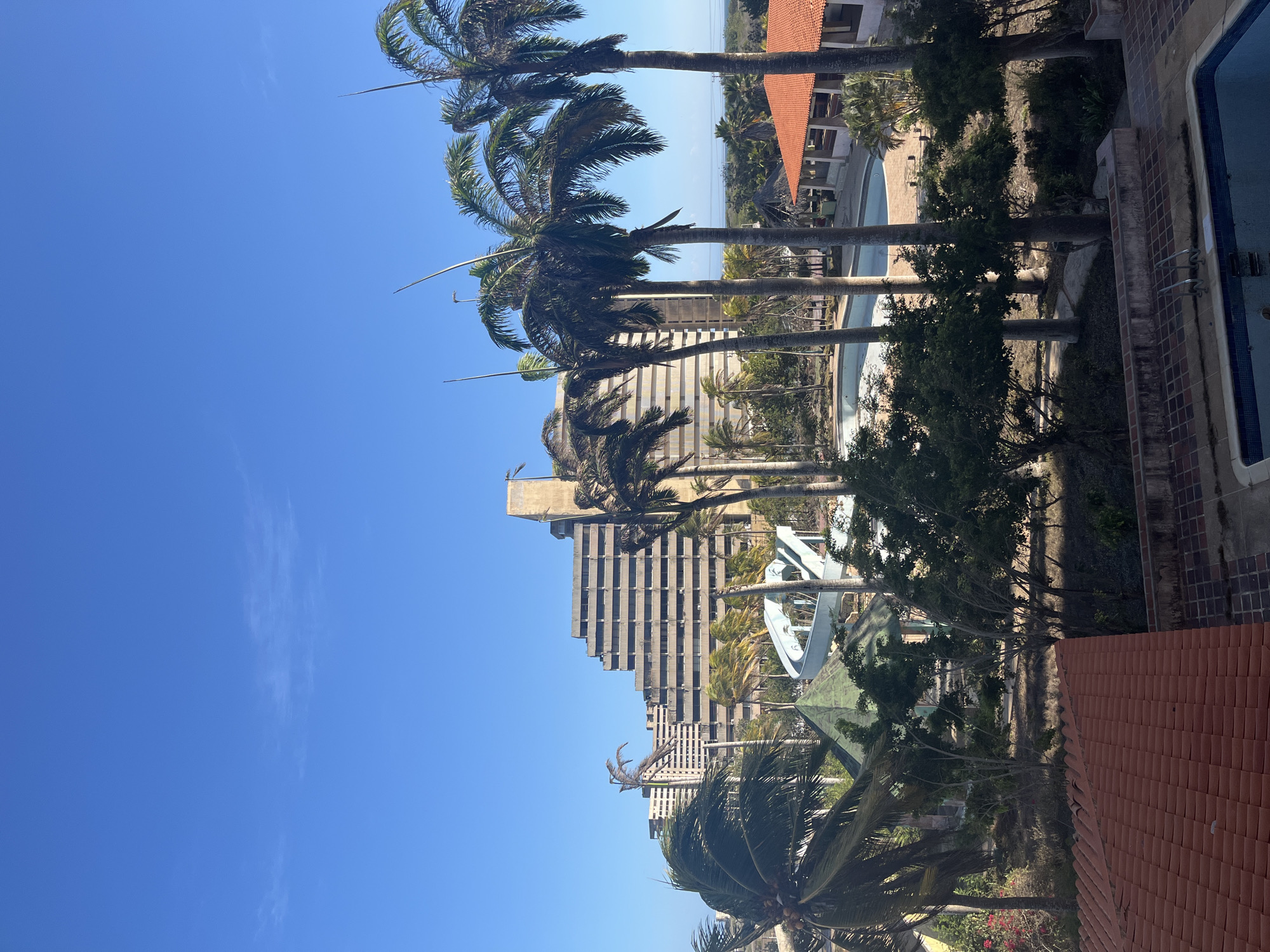The image captures a bright, sunny tropical resort or hotel complex, likely in Porlamar, Venezuela. The scene is dominated by numerous tall palm trees and various buildings under a clear, vibrant blue sky.
In the foreground, a building with a reddish-brown tiled roof is partially visible on the right. Adjacent to it, an empty swimming pool with blue and white tiled walls and a visible ladder suggests recreational facilities, currently unused. Further into the scene, more palm trees and dense green foliage are interspersed with several multi-story buildings, some featuring a stepped or terraced architectural style. A white and blue coiled water slide is also visible, indicating a water park or extensive pool area within the complex. Another swimming pool is partially visible behind the foreground trees. In the distance, a glimpse of the ocean can be seen, confirming a coastal setting.
The time of day appears to be midday or early afternoon, characterized by bright sunlight and strong shadows. The weather is clear and cloudless, contributing to the serene, vacation-like atmosphere. No people are visible in the image, and no specific activity is taking place, creating a sense of quiet tranquility. There is no visible text within the image.
