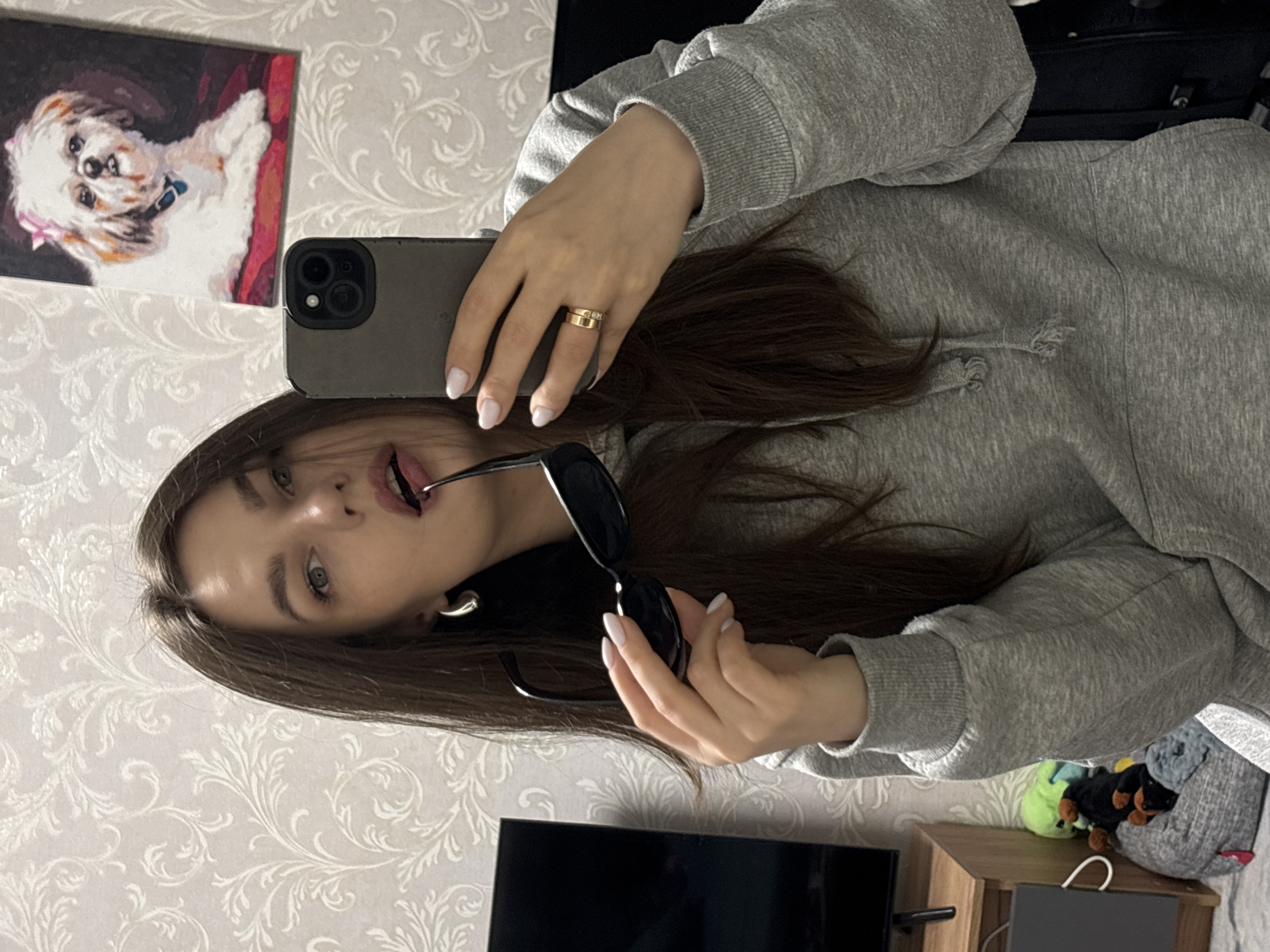 A rotated portrait-orientation mirror selfie depicts a young woman indoors in Chaikovsky, Russia. The woman, with long dark brown hair and light green eyes, is wearing a casual gray hooded sweatshirt. She holds a dark-cased smartphone, identifiable by its triple camera array, in her right hand to capture her reflection. A gold-colored band ring is visible on her right ring finger, and her fingernails are painted with a light, neutral polish. With her left hand, she holds a pair of black sunglasses, playfully holding one arm of the glasses in her slightly parted mouth. Her expression is casual and appears somewhat mischievous.
The background reveals a home setting. The wall is adorned with light-colored wallpaper featuring a subtle, ornate floral pattern. Hanging on the wall to the left is a framed painting of a white dog, possibly a Shih Tzu or Maltese, with brown patches, a pink bow, and a blue collar, set against a red and dark background. In the lower right corner, a portion of a black television screen or monitor is visible. Beside it, on a small wooden table or shelf, are several plush toys, including a black and tan dachshund, a green toy, and a blue one. The indoor lighting does not indicate a specific time of day or external weather conditions. No visible text is present in the image.