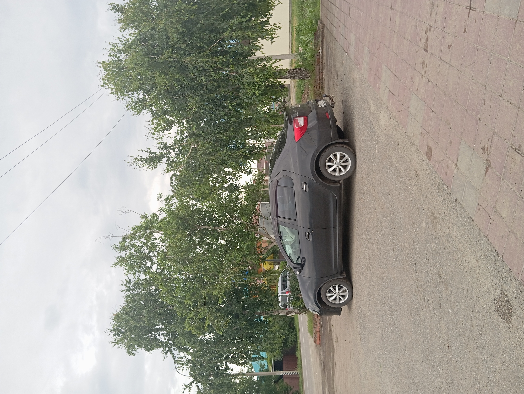 This image depicts a dark-colored sedan parked on an asphalt road. The car is viewed from its side, with its rear passenger-side wheel and part of the front passenger-side wheel visible. The car appears to be in a residential or commercial area, with a sidewalk made of red and grey paving stones to the right of the road. Behind the car, there are large trees with green foliage, suggesting it is a season with foliage, likely spring or summer. In the background, glimpses of buildings and other cars can be seen, along with some electrical wires overhead. The sky is overcast and appears to be cloudy, indicating a potentially dim or gray day. The image is taken at a slightly angled perspective, with the car and its surroundings oriented vertically. There is no clear indication of a specific time of day beyond the overcast conditions. No people are visible in the frame. There is a license plate on the rear of the car, but the text is not legible.