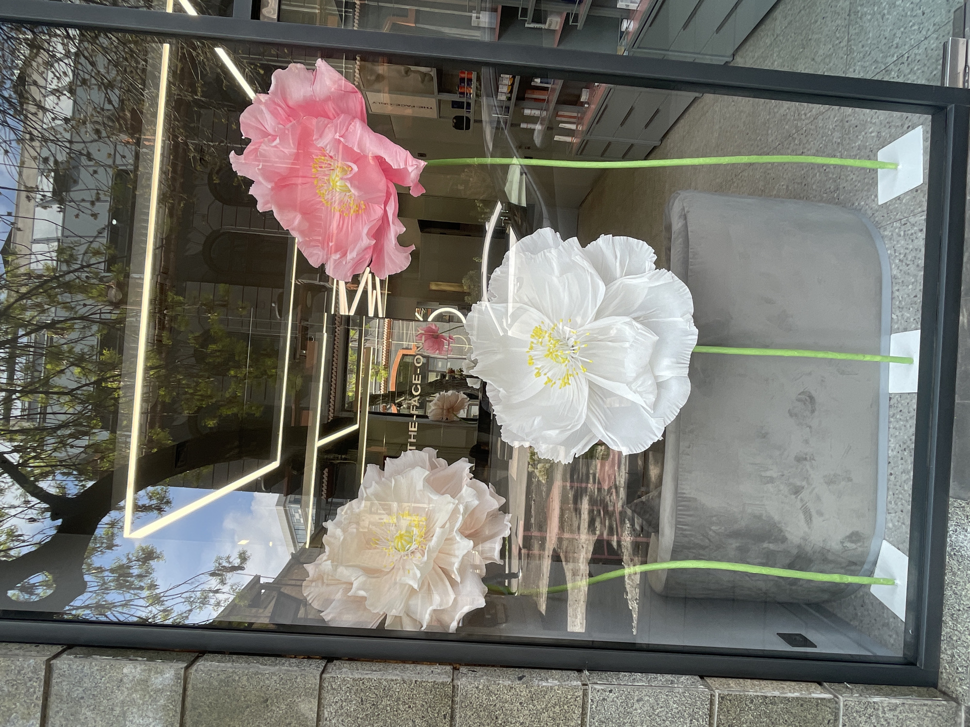 A street-level, eye-level shot through a window reveals three large, artificial flower heads (pink, white, and cream) affixed to the interior of the glass. The green stems of the flowers are adhered to the glass with square, white mounts. Behind the flowers are two gray, cylindrical objects that appear to be seating or display pedestals. The window reflects the external environment, including trees, a building with multiple windows, and the sky. Vertical neon signage is visible behind the flowers, spelling out “THE FACE ONLY”. The window frame is dark gray. The exterior of the building is gray stone or brick. The photo was taken in Yerevan, Armenia.