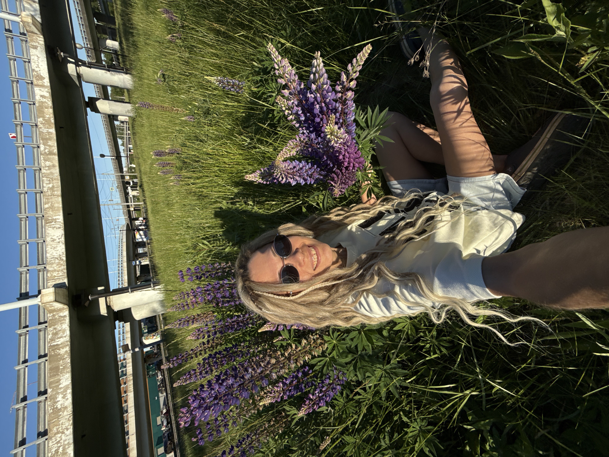 A woman with long, blonde, wavy hair partially styled in dreadlocks or thick braids, wearing dark sunglasses, a light-colored long-sleeved top, and light-wash denim shorts, is positioned in the lower center of the frame, smiling directly at the viewer. She is seated on the ground amidst abundant tall green grass and purple lupine flowers. Her right arm is extended, holding the camera in a selfie orientation. With her left hand, she holds a large cluster of purple lupine flowers. Strong sunlight from the upper left casts distinct shadows of grass and leaves across her legs and the ground.
In the background, a large concrete highway overpass system dominates the upper half of the image. The multi-level structure features weathered concrete supports, elevated roadways, and metal guardrails. Below the overpasses, a lower road is visible with several vehicles, suggesting an active transportation corridor. The sky above the overpass is clear and bright blue. Numerous clusters of purple lupine flowers are scattered throughout the grassy areas surrounding the woman and extending towards the infrastructure.