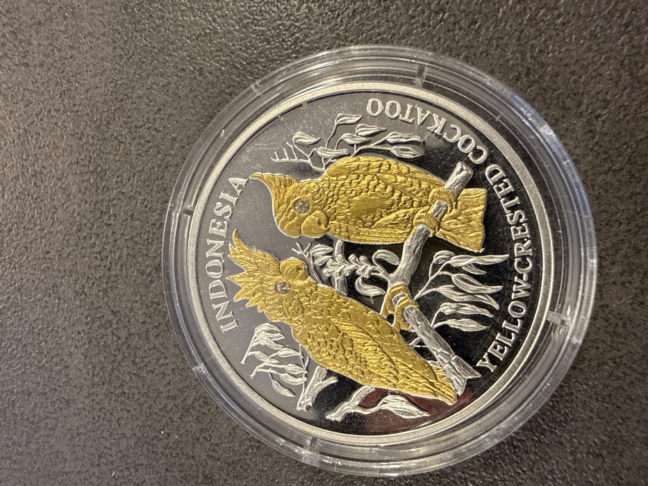 The image shows a coin featuring two golden yellow-crested cockatoos perched on a silver branch against a dark silver background. The coin is encapsulated in a clear plastic case. "INDONESIA" is inscribed along the upper left curve and "YELLOW-CRESTED COCKATOO" along the upper right curve. Small diamonds appear to be set in each bird's eye.