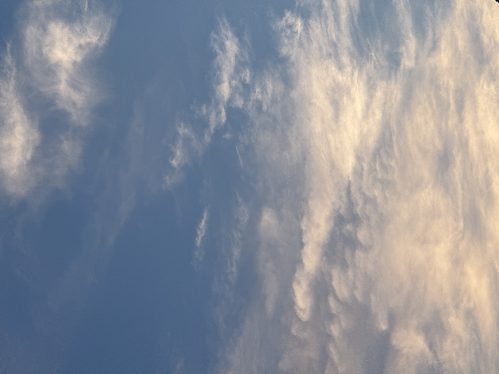 The image displays a sky with scattered clouds, primarily wispy and cirrus formations, illuminated by the soft light of either sunrise or sunset. The sky transitions from a clear blue at the top to a warmer, lighter hue near the bottom, suggesting a low sun angle. There are no discernible structures, people, or objects visible in the frame. The scene is purely a depiction of the natural sky.