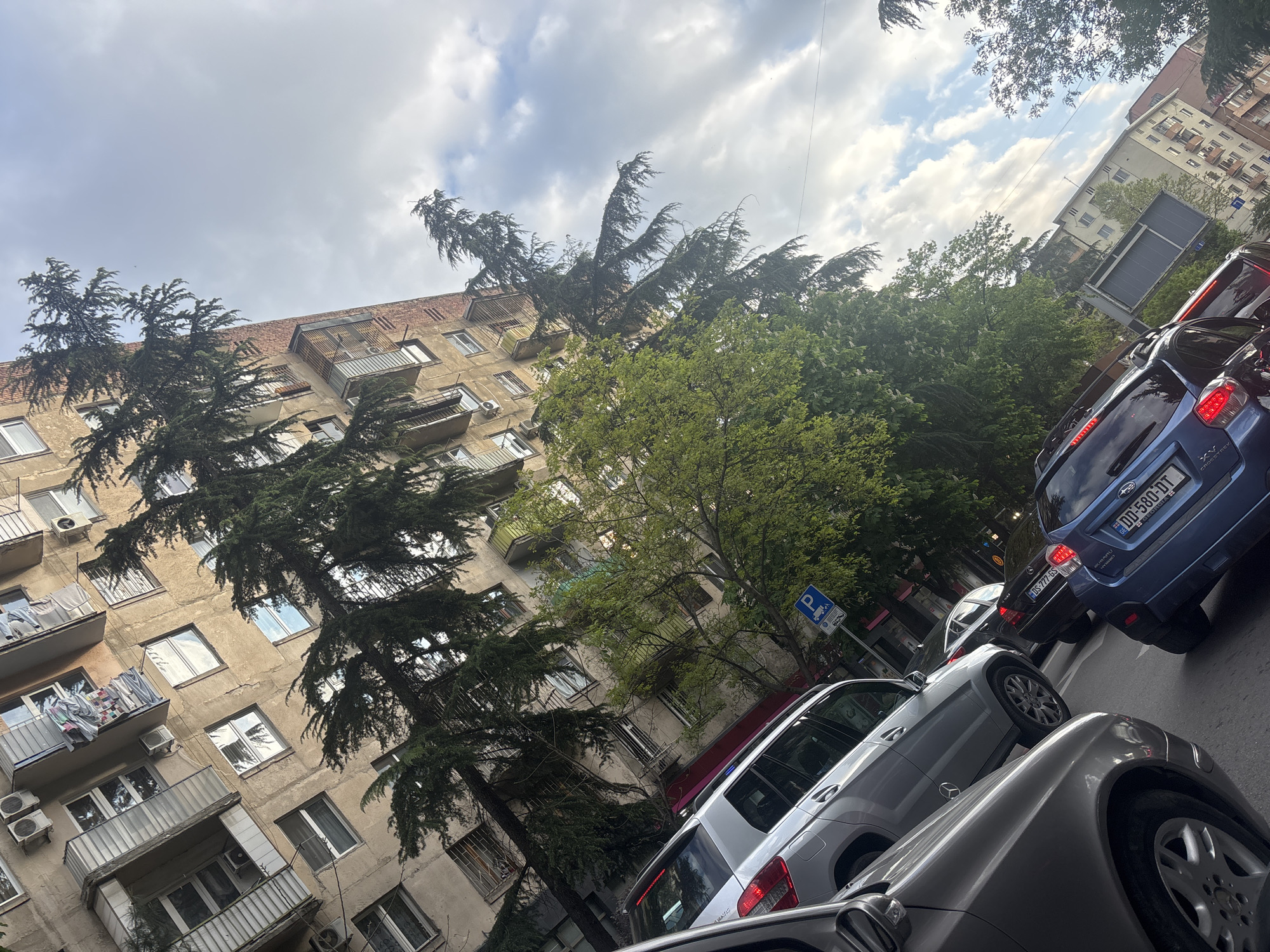 The image presents a tilted, upward-angled view of an urban street scene, likely in Tbilisi, Georgia. On the left, a multi-story residential building dominates the frame, characterized by a weathered, light-colored facade, numerous windows, and multiple balconies. Some balconies feature clothes hanging to dry and external air conditioning units. The building has a visible red-tiled roof at the top.
Several tall evergreen trees with dense, needle-like foliage are prominent in the foreground and mid-ground, partially obscuring the building. Their branches appear somewhat windswept, reaching towards the cloudy sky. Interspersed with these are deciduous trees with lighter green leaves.
On the right side of the image, a line of cars is visible on what appears to be a street, suggesting traffic or parked vehicles. The closest car is a silver Mercedes-Benz SUV, followed by a blue Subaru XV Crosstrek. The Subaru's rear displays its model name and a Georgian license plate "DD-580-DT GE". Another car behind it has a license plate "DS-777-GS GE".
The sky is largely overcast with scattered clouds, indicating a daytime scene, possibly under partly cloudy conditions. A blue parking sign, featuring a white 'P' and a symbol of a car being towed, is visible on the right side, just behind the silver car. The overall impression is that of a bustling city environment during a slightly breezy day.
