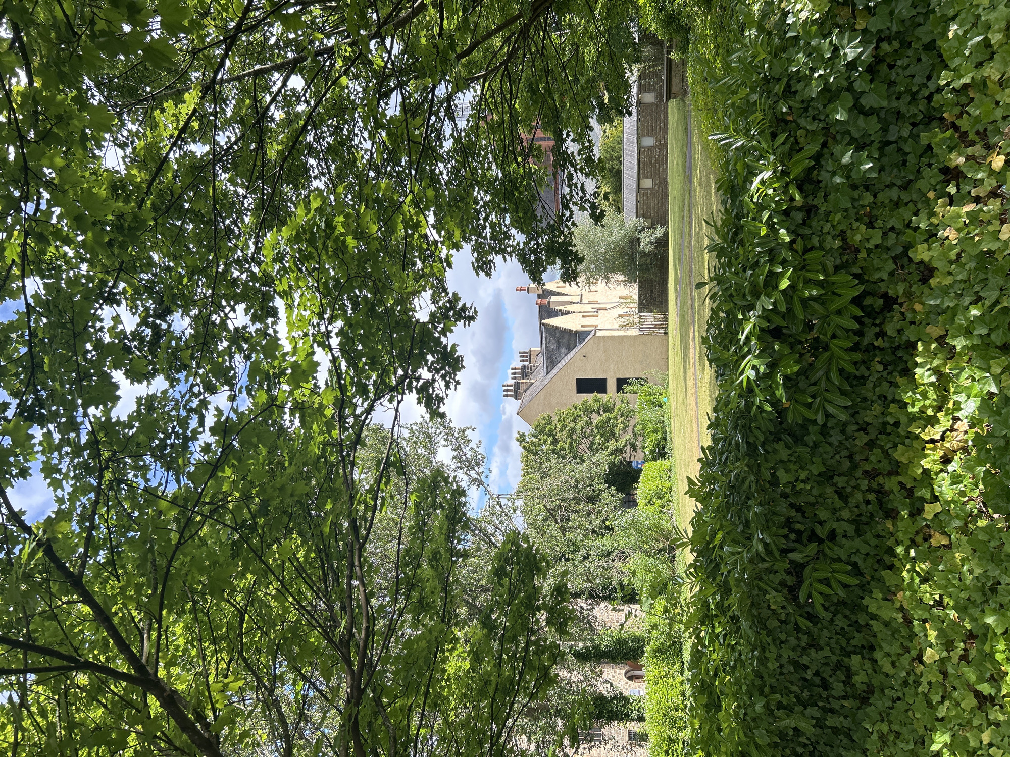 This image depicts a view through lush green foliage towards a row of light-colored buildings with pitched roofs and chimneys. The buildings appear to be old, constructed from stone and possibly brick, and are situated in a courtyard or garden setting. A well-maintained lawn is visible in front of the buildings, bordered by hedges and trees. The sky above is blue with scattered white clouds. The scene conveys a sense of tranquility and historical charm. The location is the courtyard of the University of Glasgow, in Glasgow, United Kingdom. There are no people visible in the image.