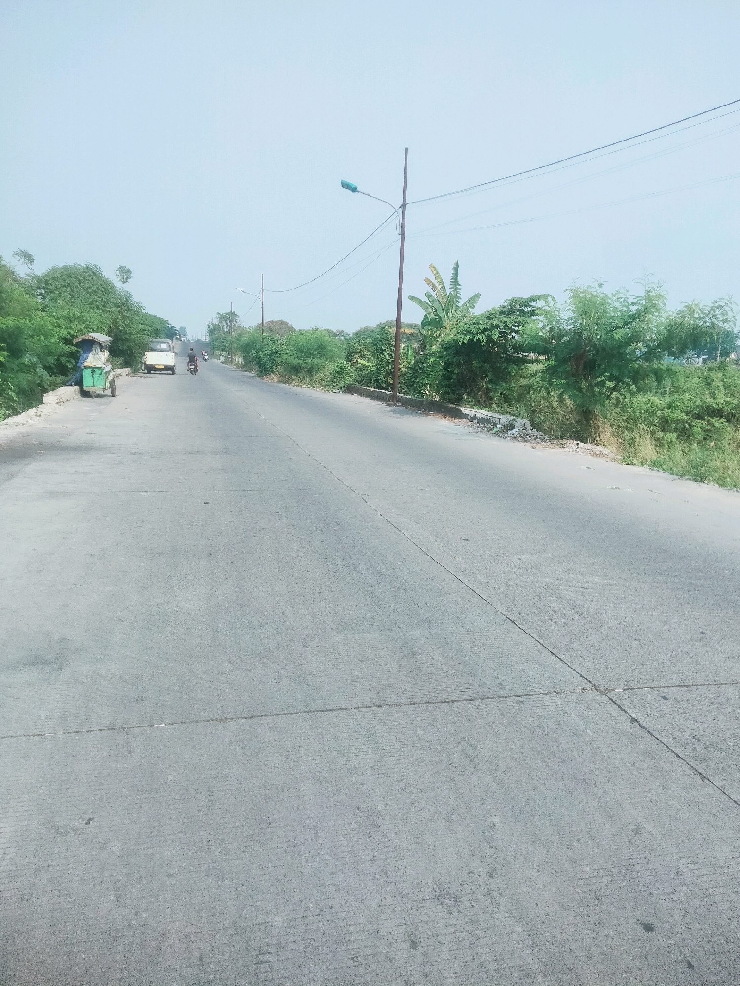 The image depicts a two-lane asphalt road in Tangerang, Indonesia, bordered by lush green vegetation on both sides. The sky is clear and pale blue.
On the left side of the road, near the foreground, a small vendor cart with a green base and a white roof is parked. A person is standing near the cart. Further down the road on the left, a white, small truck is visible. Two motorcycles are traveling on the road; one is in front of the truck and the other is behind it, further down the road.
On the right side of the road, the vegetation is dense and appears to be a mix of trees and bushes. A street light with a teal-colored lamp is positioned on a pole along the right side of the road, and power lines are strung across the scene. Another, shorter pole with a few wires is also visible on the left side of the road. The road itself has visible seams and lines, indicating its construction. The overall scene suggests a semi-urban or rural setting within Tangerang.