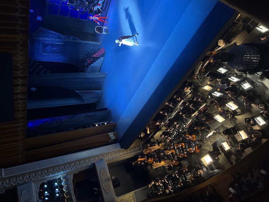 An auditorium's overhead view shows a stage illuminated with blue light. Onstage, a dancer stands with a tall shadow cast behind. Another figure in red is seen stage right. Below the stage, an orchestra sits, illuminated by individual lights, with musicians and their instruments clearly visible. Decorative architectural details are visible in the foreground, including ornate molding and lighting fixtures. The perspective emphasizes the height of the auditorium and its multi-tiered design.