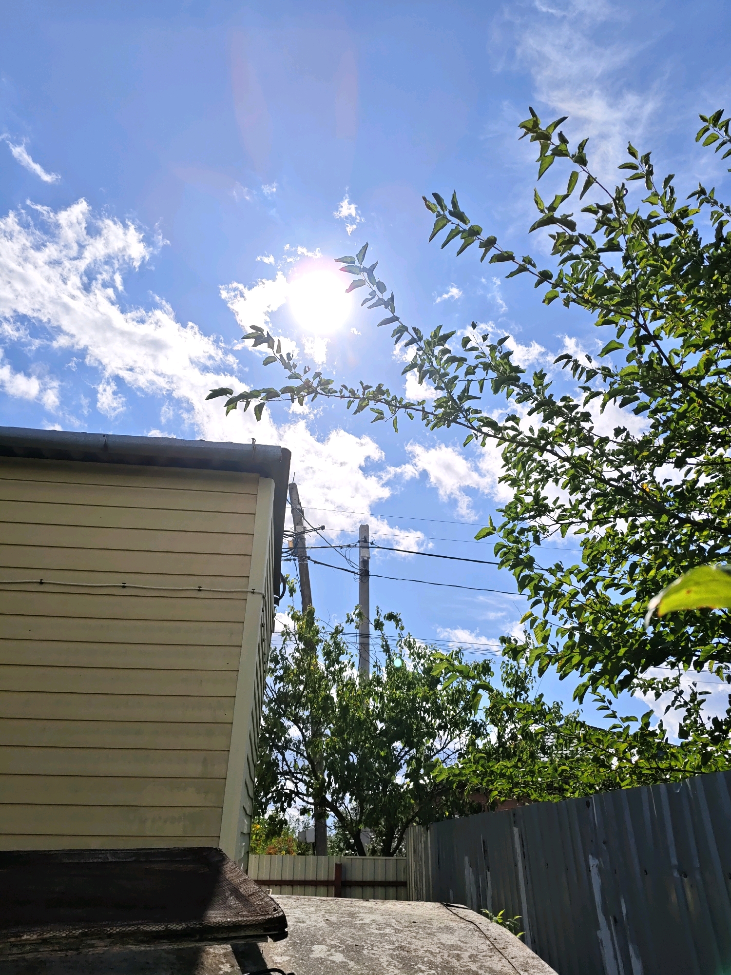 The image depicts a sunny outdoor scene, likely a backyard or a residential area in Rostov-on-Don, Russia. In the foreground, a light yellow, horizontally-paneled structure, possibly a shed or a small building, is partially visible on the left. The roof of this structure is dark and appears to be made of tarred material, showing signs of wear. Adjacent to the building, a corrugated metal fence runs along the right side of the frame, separating the immediate foreground from the background.
The background is dominated by a bright blue sky with scattered white clouds. The sun is high in the sky, partially obscured by a tree with lush green leaves. Branches from this tree extend into the upper portion of the frame, creating a dappled effect with sunlight filtering through. In the mid-ground, several utility poles with power lines are visible, suggesting the presence of infrastructure within the urban or suburban setting of Rostov-on-Don. Another tree with green foliage is seen behind the fence, further contributing to the natural elements of the scene. The overall impression is one of a typical summer day in a moderately developed area.