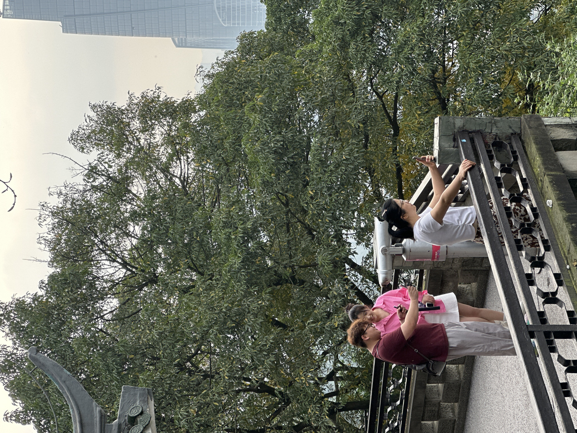The image shows three people on a stone structure in an outdoor setting. A person in a white shirt uses a coin-operated viewer, while a second person in a pink shirt holds a phone. A third person in a burgundy shirt stands nearby. Trees form a dense backdrop, and modern buildings are visible in the distance. The scene appears to be in Yuzhong District, China.