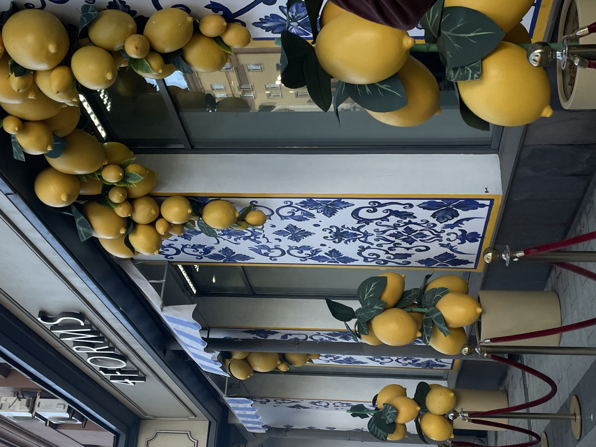 The image shows the facade of a store named "4FORMS" on a city street. The storefront is decorated with artificial lemons. The lemons are arranged in garlands and on branches, some hanging from the awning and others in potted plants. The store has large windows with blue and white patterned detailing. Red velvet ropes on stanchions are set up in front of the store, suggesting a controlled entrance or display area. In the background, buildings and air conditioning units are visible. The scene is consistent with a retail environment in a European city.