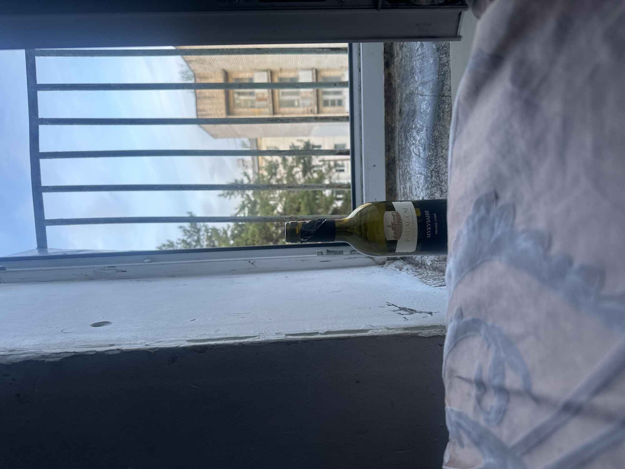 A horizontally oriented photograph depicts a wine bottle lying on its side on a windowsill behind a metal-barred window. The label indicates the wine is a Georgian Mukuzani by Badagoni. Outside the window, a blurred building with windows is visible amidst trees under a light blue sky. A light-colored fabric is draped on the right side of the frame, partially obscuring the scene. The setting appears to be indoors, with an external view. The specific location in Chaikovsky, Russia, is not discernible from the image.