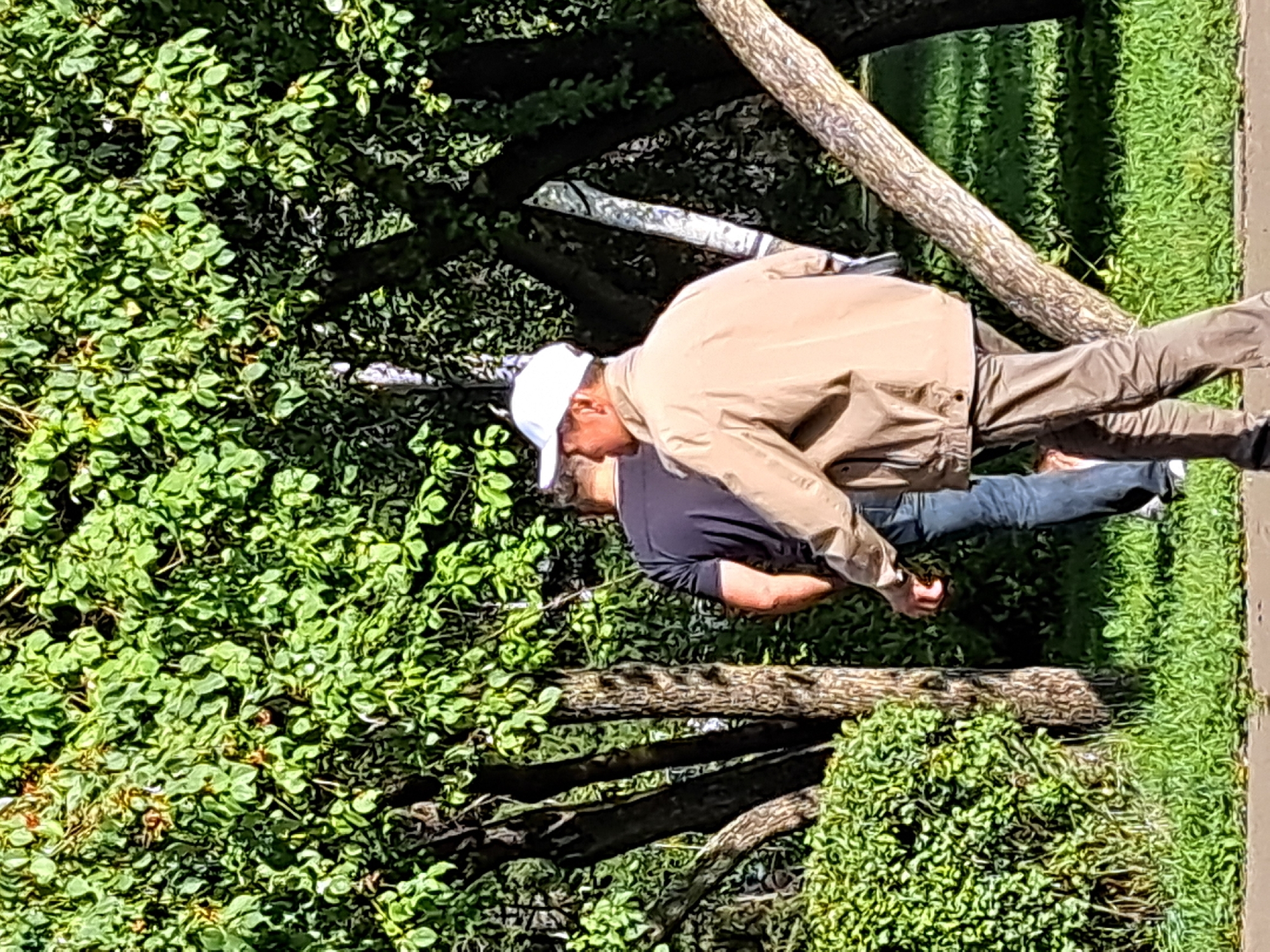 The image shows two men walking in a park. The man in the foreground is wearing a tan jacket, brown pants, and a white baseball cap. The man in the background is wearing a dark t-shirt and blue jeans. They are walking on a paved path, with lush green trees and bushes surrounding them. The sun appears to be shining, casting shadows on the ground. The overall impression is a casual outdoor scene. There is no discernible indication of this scene being located in Irkutsk, Russia, or any specific city.