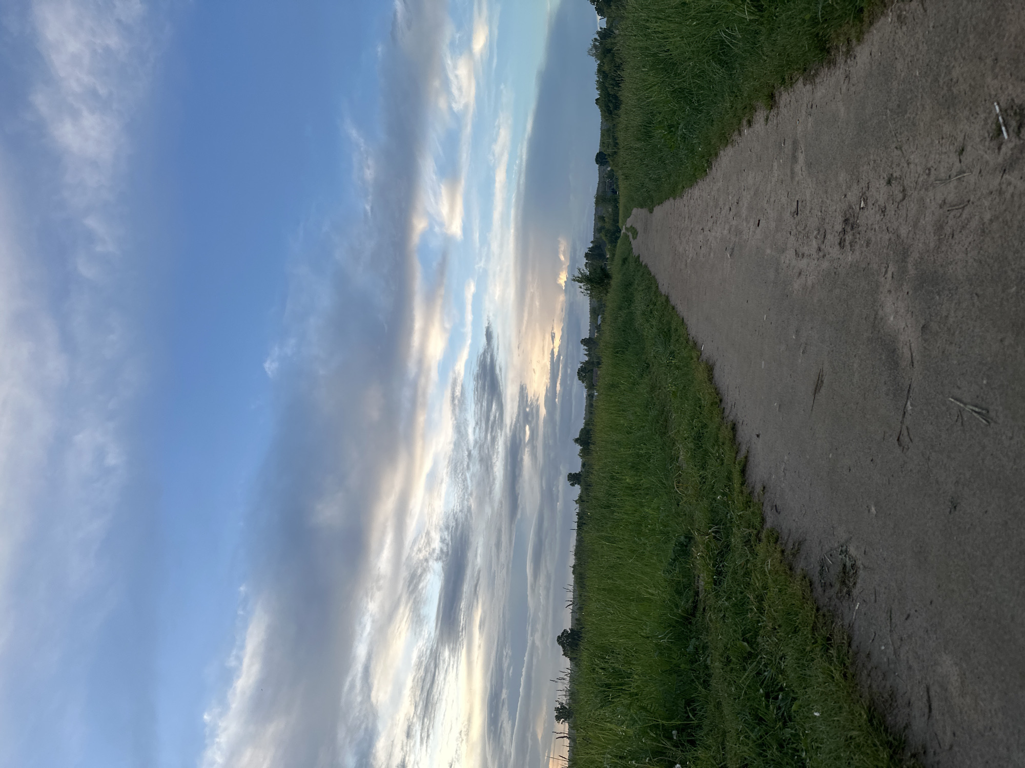 The image depicts a dirt path running through a grassy area under a partly cloudy sky. The location is Shchyolkovo, Russia. There are no people visible. The path curves slightly into the distance. The grass is green and untrimmed. The sky is a mix of blue and grey clouds. The lighting suggests it's either early morning or late afternoon.