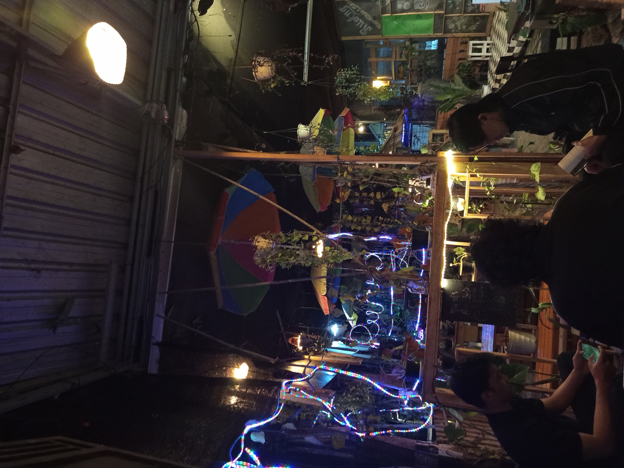 The image depicts an outdoor cafe at night, likely in Donomulyo, Indonesia. The cafe has a rustic, open-air design with a corrugated metal roof. Colorful string lights and hanging plants adorn the space, creating a festive and somewhat cluttered atmosphere. In the foreground, three individuals are seated at a table. The person on the left is a male, looking down at a mobile phone. The person in the center, mostly obscured from view, appears to be a male with dark hair. The person on the right is a male wearing glasses and a dark jacket, reading a book. In the background, there are more plants, small umbrellas, and a sign with Indonesian writing. The lighting is dim, with spotlights and string lights illuminating the scene. The overall impression is of a casual, community gathering spot.