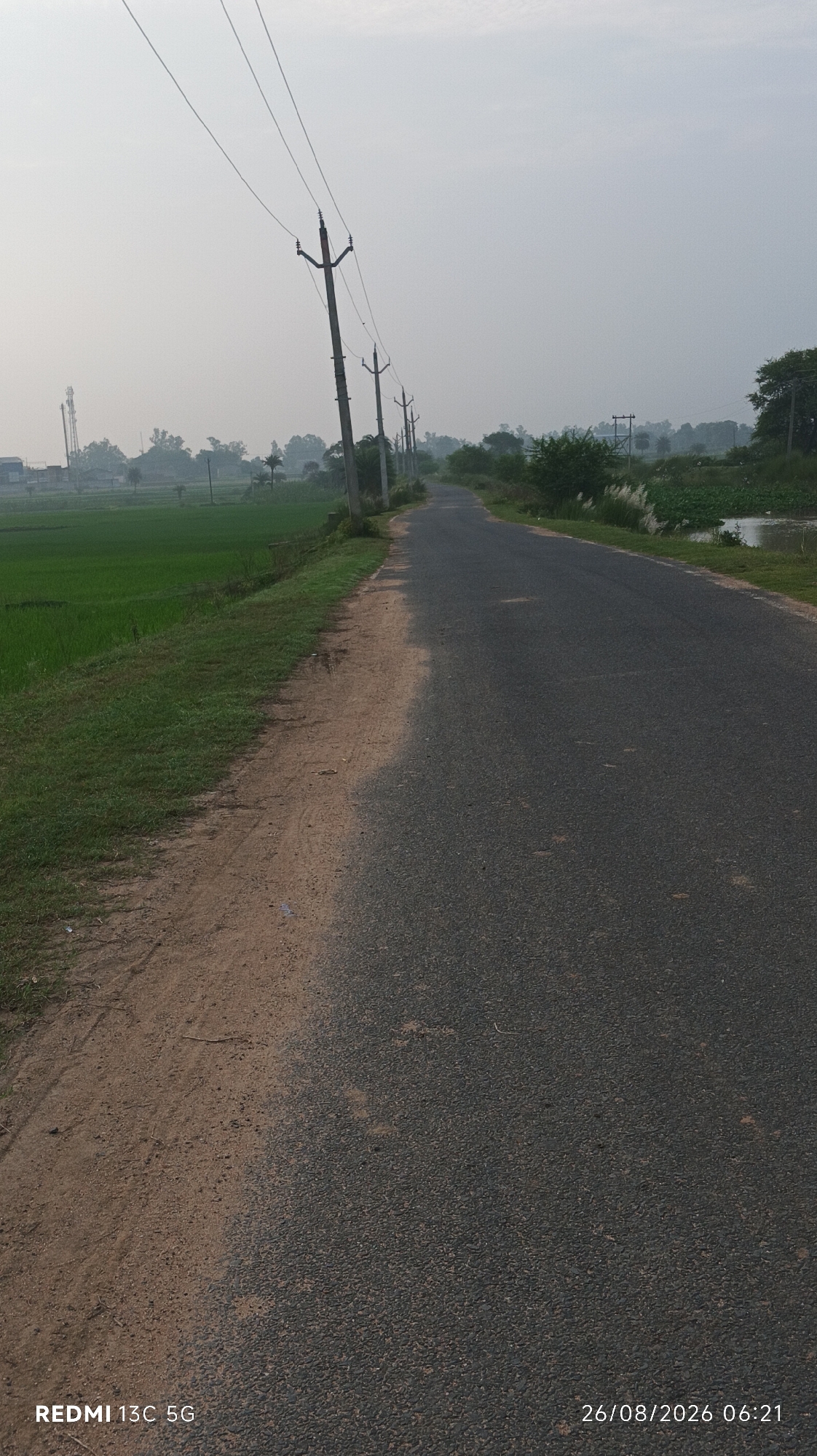 The image depicts a rural road in Narayanpur, India, with a lush green field on the left and a body of water on the right. Overhead, power lines stretch across the sky, supported by utility poles. The road is paved and appears to be well-maintained, with a dirt shoulder on the left side. In the distance, there are trees and a few buildings, including what appears to be a tower. The sky is overcast, suggesting either early morning or late afternoon. The overall scene conveys a sense of tranquility and rural life.