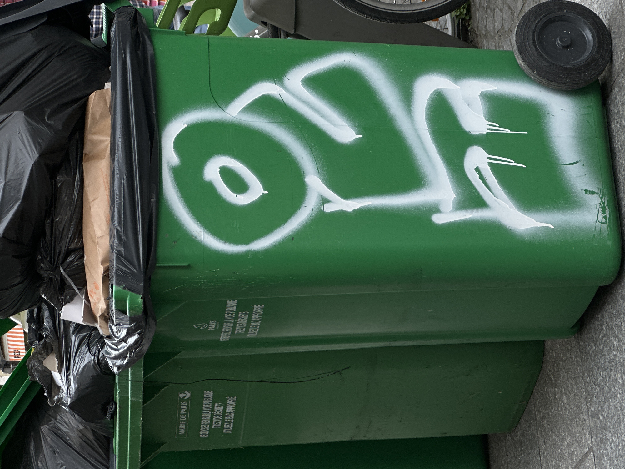 The image depicts a green, wheeled, public waste container in Paris, France. The container is overflowing with black plastic garbage bags. White spray-painted graffiti covers the top half of the container. The text "MAIRIE DE PARIS" (Paris City Hall) and instructions regarding proper waste disposal are printed on the lower section. A bicycle wheel is visible near the top edge of the container. The container rests on a gray, paved surface.