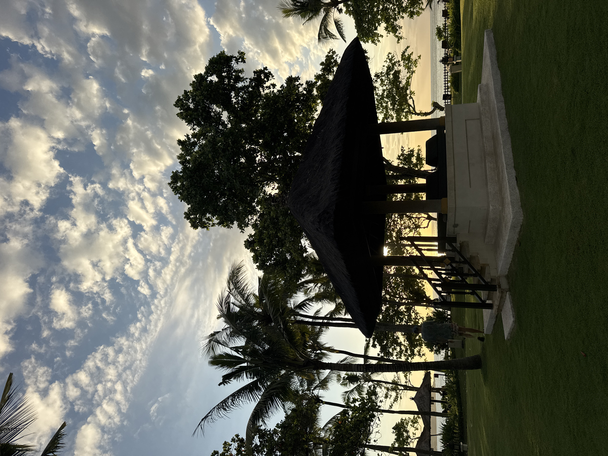 The image depicts a landscape in Kuta Selatan, Indonesia, featuring a thatched-roof structure, possibly a gazebo, positioned amidst a tropical environment. Tall palm trees and other leafy trees frame the structure and the sky, which is filled with scattered clouds. The ground is covered with green grass, suggesting a well-maintained area. The horizon reveals a sliver of the ocean or a body of water, indicating the location's coastal proximity. A silhouetted figure can be discerned near the gazebo. The lighting suggests either a sunrise or sunset, casting long shadows and a warm glow.