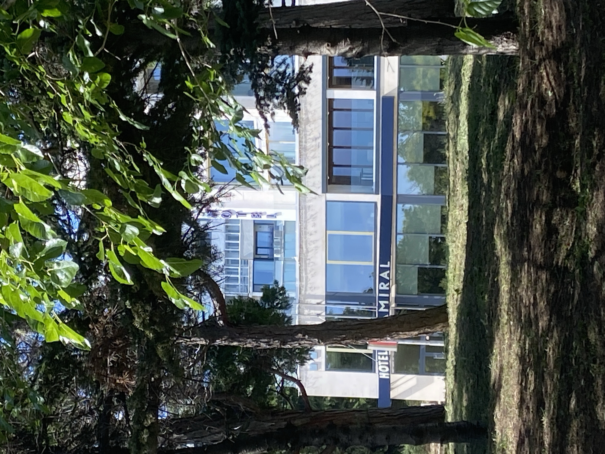 The image depicts the exterior of the Hotel Admiral in Varna, Bulgaria, partially obscured by trees and foliage. The hotel building features a modern architectural style with a light-colored facade and large, reflective windows. The name "HOTEL" is visible on the left side of the building's lower level, followed by "MIRAL". The surrounding environment includes a grassy area with trees casting shadows, suggesting an outdoor setting, possibly a park or garden area adjacent to the hotel. The sky is visible through the leaves of the trees, indicating a clear, sunny day.