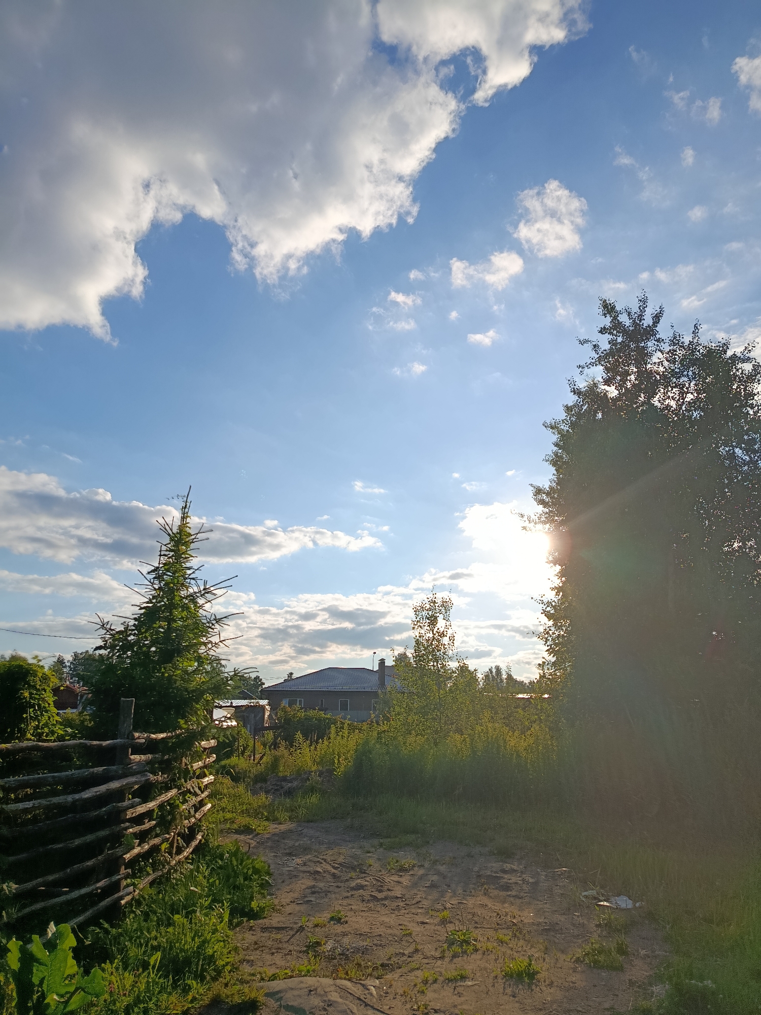 This vertical, medium-shot image depicts a rural scene in Vereya, Russia, under a bright, partly cloudy sky. The sun is setting or rising, indicated by the strong backlight and sunbeams piercing through the foliage of a large tree on the right side of the frame, casting a warm glow and lens flare across the image.
The foreground features a rough, rustic wooden fence on the left, constructed from horizontal logs, and a dirt path leading into the scene. Lush green grass and foliage grow along the path and around the fence. A young evergreen tree stands to the left of the path, and beyond it, hints of buildings and more trees are visible. In the background, a house with a dark roof and a chimney can be seen nestled amongst the trees. The overall atmosphere is tranquil and serene, evoking a sense of peaceful rural life. The time of day is clearly either sunrise or sunset due to the sun's position and the quality of light. There is no visible text in the image.