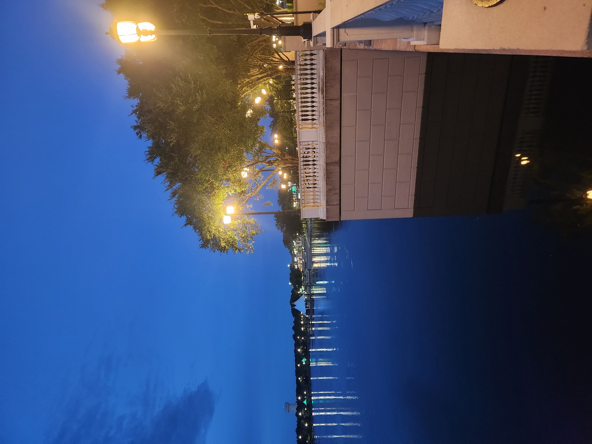 The image captures a tranquil evening scene at Cranes Roost Park in Altamonte Springs, Florida. The sky is a deep, rich blue, characteristic of twilight. The foreground features a calm body of water, likely the lake, reflecting the lights and structures on the opposite shore and along the boardwalk.
On the right side of the image, a decorative white railing lines a raised platform. This platform is constructed with large, beige brick-like blocks. A lamppost with a classic design, illuminated with a warm yellow light, stands prominently near the railing. In the background, several trees are visible, their branches adorned with strings of small, glowing lights, creating a festive and inviting atmosphere. Further in the distance, across the water, lights from buildings and what appears to be a water tower punctuate the darker landscape. The overall impression is one of peacefulness and subtle illumination as day transitions into night. No people are visible in the frame.