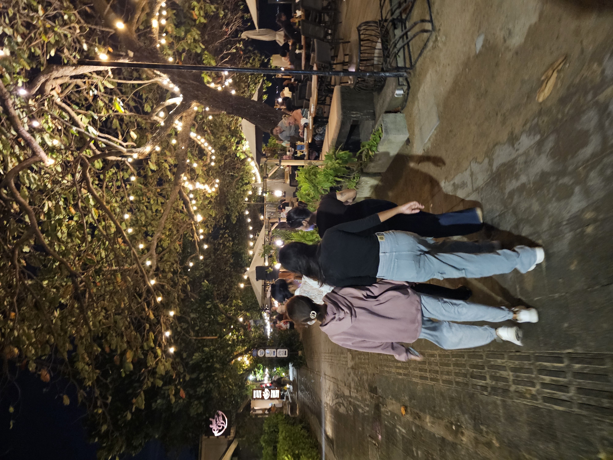 The image captures a night scene in Denpasar, Indonesia, likely an outdoor dining or entertainment area. In the foreground, four individuals are walking away from the camera down a pathway. The first person on the left wears a pink hooded sweatshirt and light-colored sweatpants. Beside them is another person in a black top and light blue jeans. Two other figures are partially visible behind them.
The pathway appears to be paved with rectangular bricks or stones. To the right of the pathway, there is a sandy or dirt area with various outdoor seating arrangements, including tables and chairs, some under umbrellas. A large tree with many branches is prominently featured, illuminated by strings of warm-toned fairy lights that drape across its canopy and trunk. These lights create a festive and warm ambiance.
In the background, several buildings with signage are visible, suggesting the presence of businesses, possibly restaurants or shops. There are more outdoor seating areas and people scattered throughout the scene, engaged in dining or socializing. The overall environment suggests a lively evening atmosphere in a tropical location.