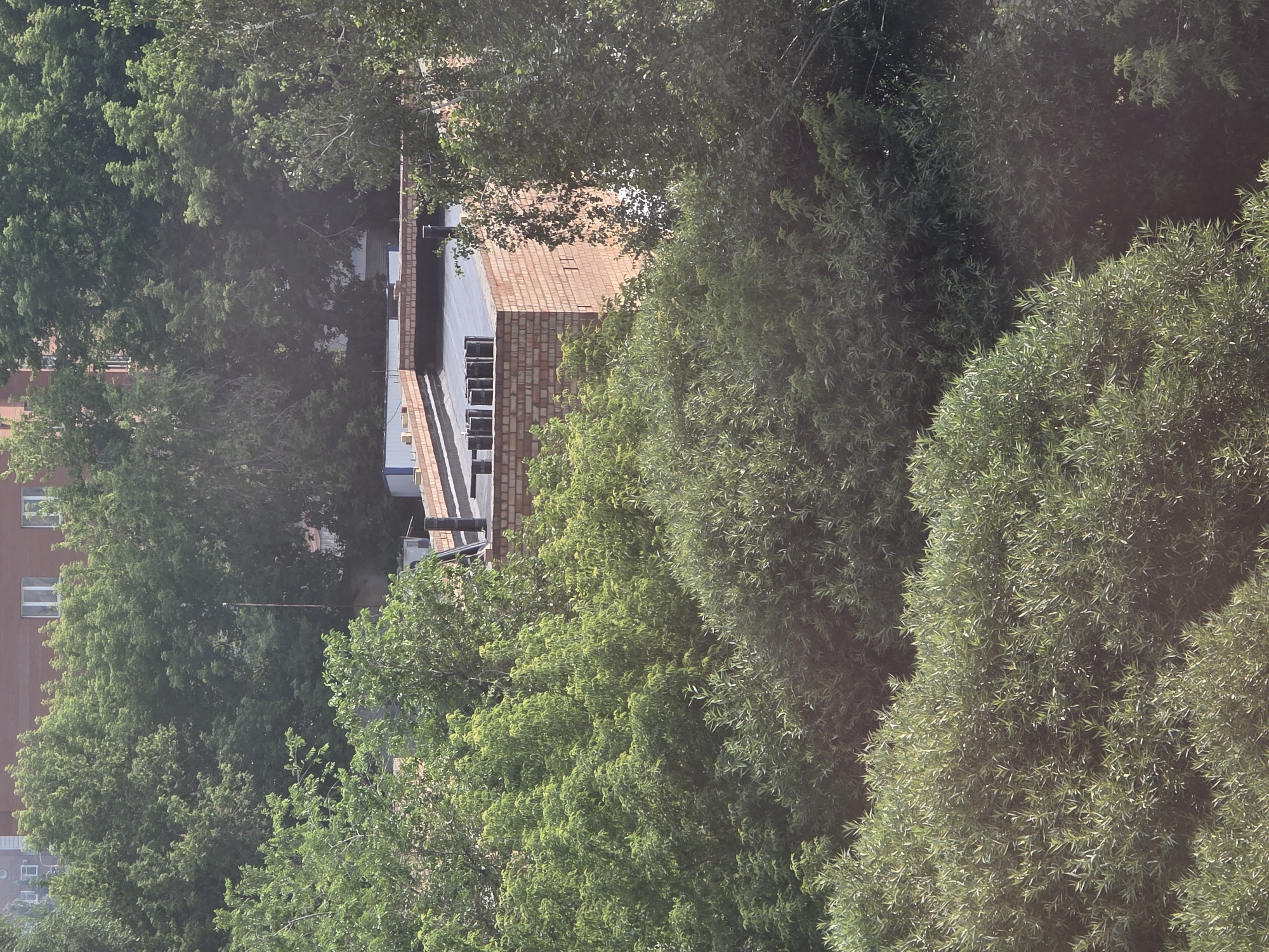 The image depicts a view of a brick building with a flat roof, possibly under construction or renovation, surrounded by dense green foliage of trees and bushes. The building has a reddish-brown brick facade and a dark grey roofing membrane. Several black pipes protrude from the roof, and some are arranged in a cluster near the edge. The building appears to be a low-rise structure, possibly a commercial or industrial facility, given its functional appearance and lack of residential features like windows on the visible facade.
The surrounding greenery is lush and vibrant, suggesting a temperate climate, possibly during the summer months. The trees are full of leaves, creating a natural canopy that partially obscures the view of other structures in the background. In the far background, a taller building with visible windows can be seen, indicating an urban or suburban setting.
The lighting suggests it is daytime, with sunlight illuminating the scene, casting some shadows within the foliage. The overall impression is one of urban development encroaching on or coexisting with natural elements.
While the prompt requests a specific location in Omsk, Russia, there are no discernible landmarks or identifying features in the image that would allow for definitive confirmation of this location. The architecture and vegetation are generic enough to be found in many similar urban environments.