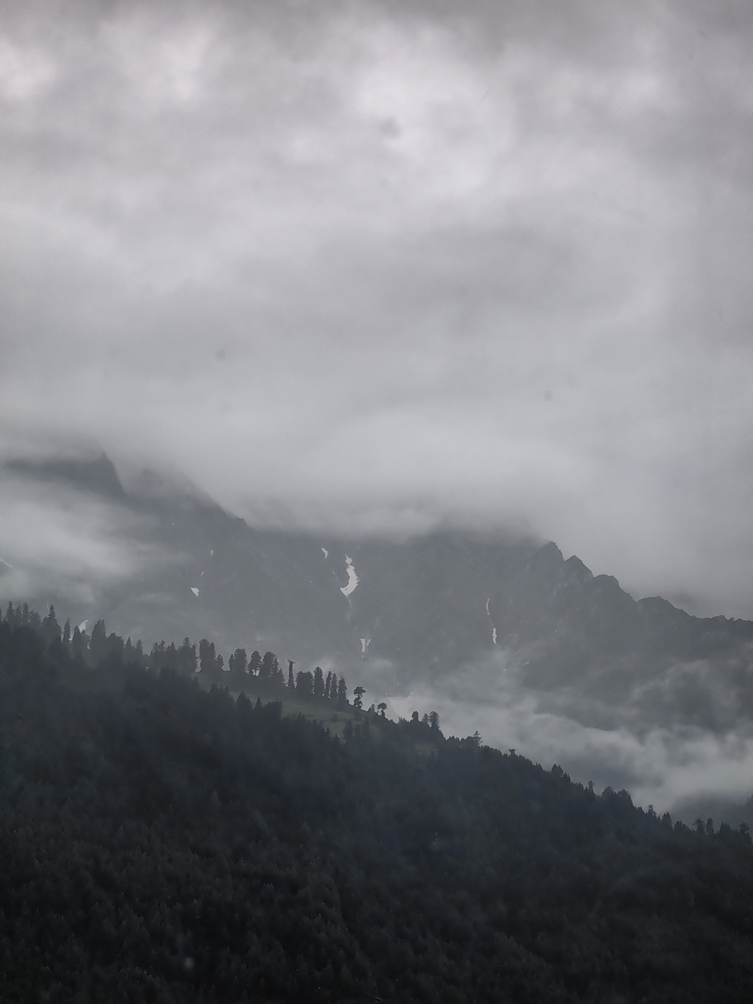 The image depicts a moody, overcast sky over a forested mountain slope in the vicinity of Vashisht, India. The foreground is dominated by a dense, dark green forest covering the undulating terrain. As the eye moves upwards, the slope transitions into rocky mountain peaks partially obscured by thick, swirling clouds. Patches of snow are visible on some of the higher mountain faces, suggesting a cool or mountainous climate. The overall atmosphere is somber and natural, with no signs of human presence or activity. The lighting is diffused, characteristic of a cloudy day, which enhances the muted color palette of the scene.