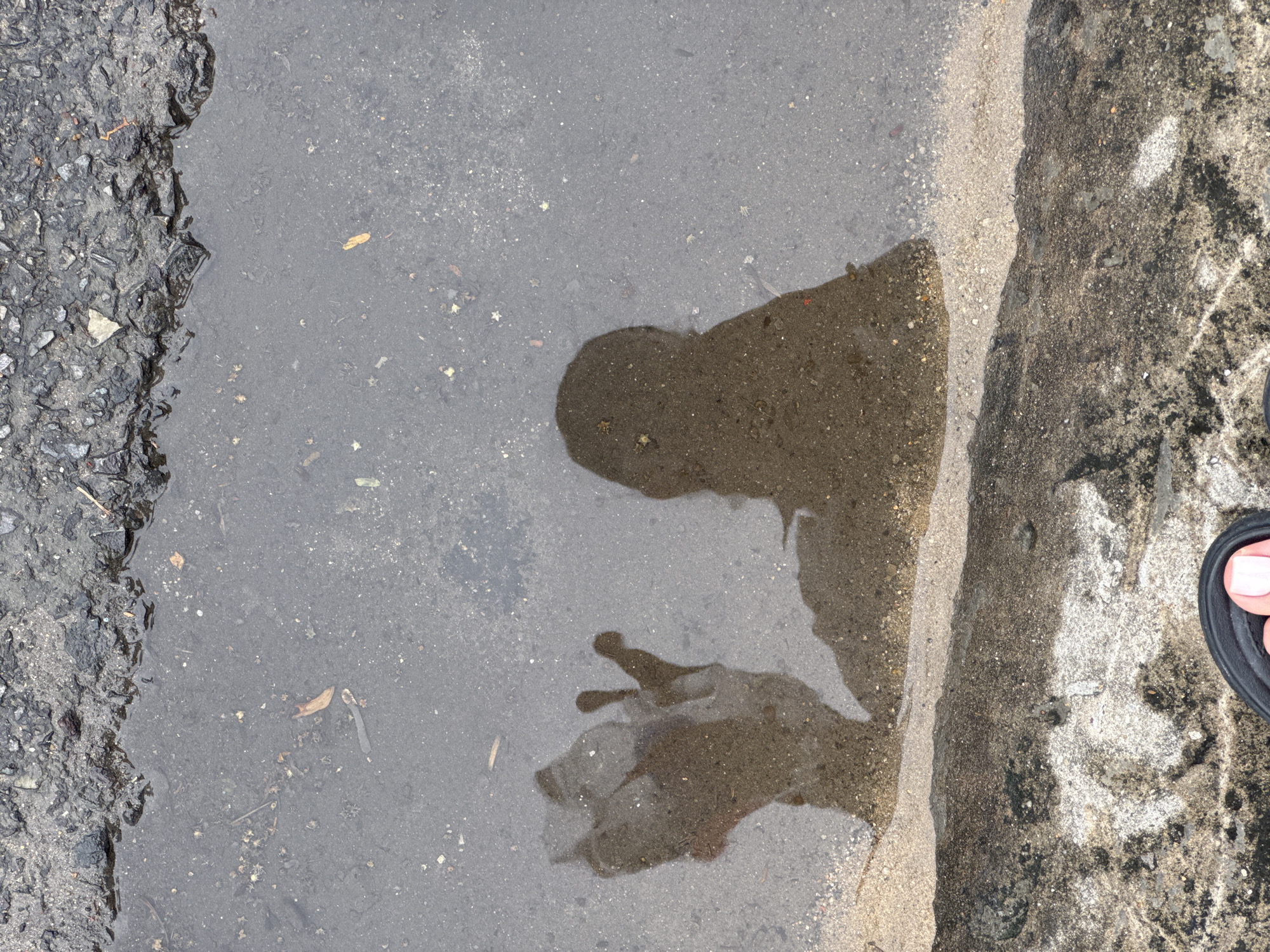 A puddle of water on pavement, likely in Bac Nha Trang Ward, Vietnam, shows a reflection of a person holding a camera. A foot in a sandal is visible on the right edge of the frame, partially on dry pavement. A section of rough asphalt borders the left side of the puddle.