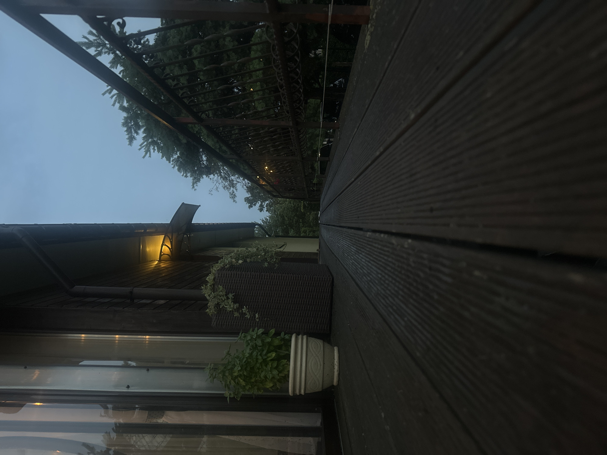 An outdoor wooden deck extends diagonally from the bottom left corner of the frame toward the upper right. A dark brown railing with ornate metalwork borders the right side of the deck, separating it from a backdrop of dark green trees under a twilight sky. On the left side of the deck, a small green plant in a white pot sits next to a taller, dark brown woven planter. A modern building with dark wood siding and a large window is visible behind the planters. A single outdoor light fixture is attached to the building. The overall scene depicts a quiet, natural setting, possibly a private residence or a secluded area within a park.