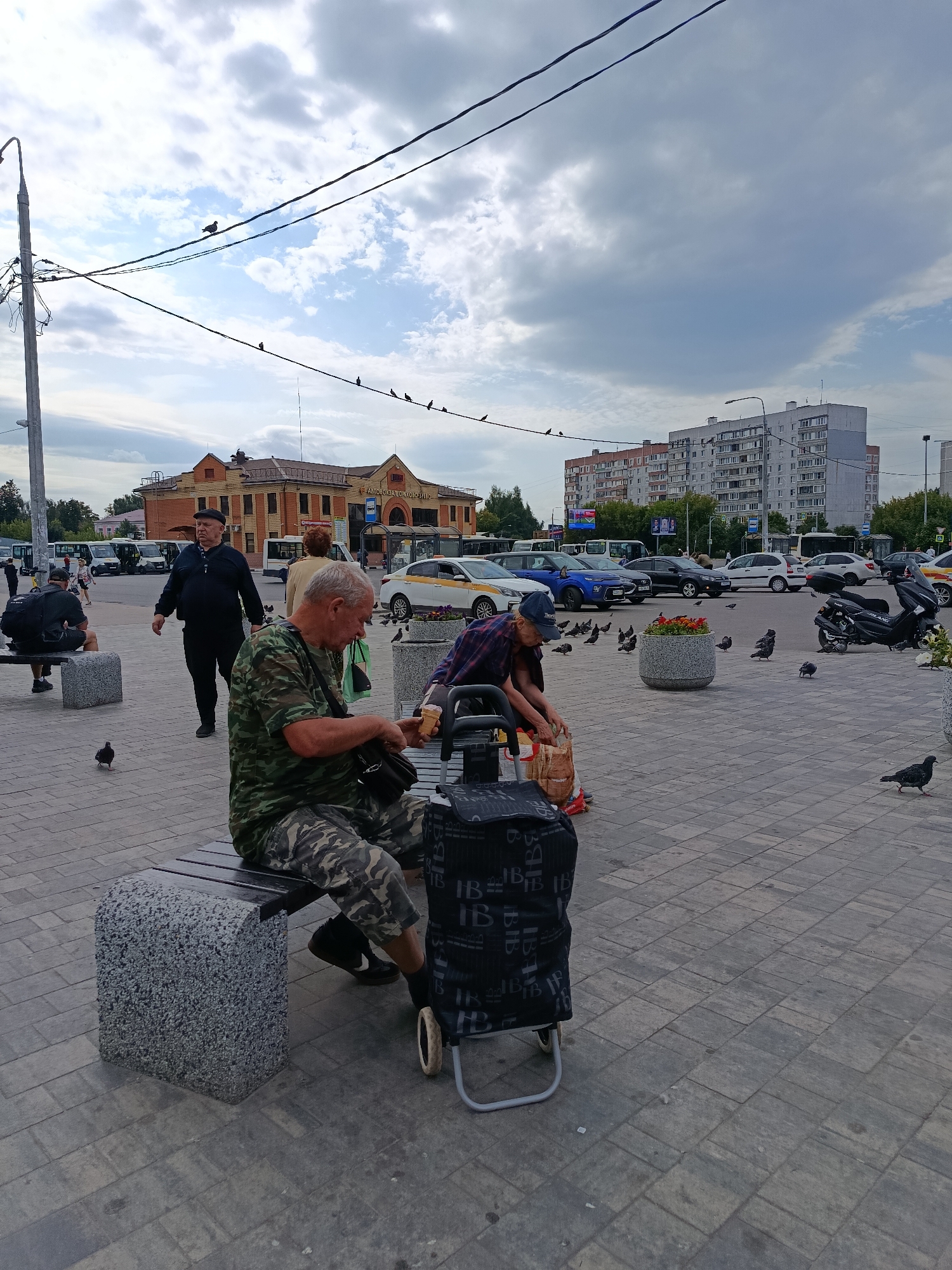 The image depicts a cloudy day in a public outdoor space, likely a bus station or town square, in Orekhovo-Zuyevo, Russia. In the foreground, two men are seated on a bench. One man, wearing a camouflage shirt and pants, is holding an ice cream cone. Next to him is a black rolling shopping bag with a repeating "IB" pattern. To his right, another person, wearing a plaid shirt and a blue cap, is reaching into a bag. Several pigeons are scattered across the paved ground, with one walking near the seated man.
In the background, a building with orange brick accents and a sign reading "Автовокзал" (Bus Station) is visible. A street lamp stands to the left of the building. Several buses are parked in front of the station. Further back, a multi-story apartment building dominates the skyline, with a few trees and more buildings visible in the distance. The sky is overcast with patches of blue visible. The ground is paved with grey rectangular tiles.