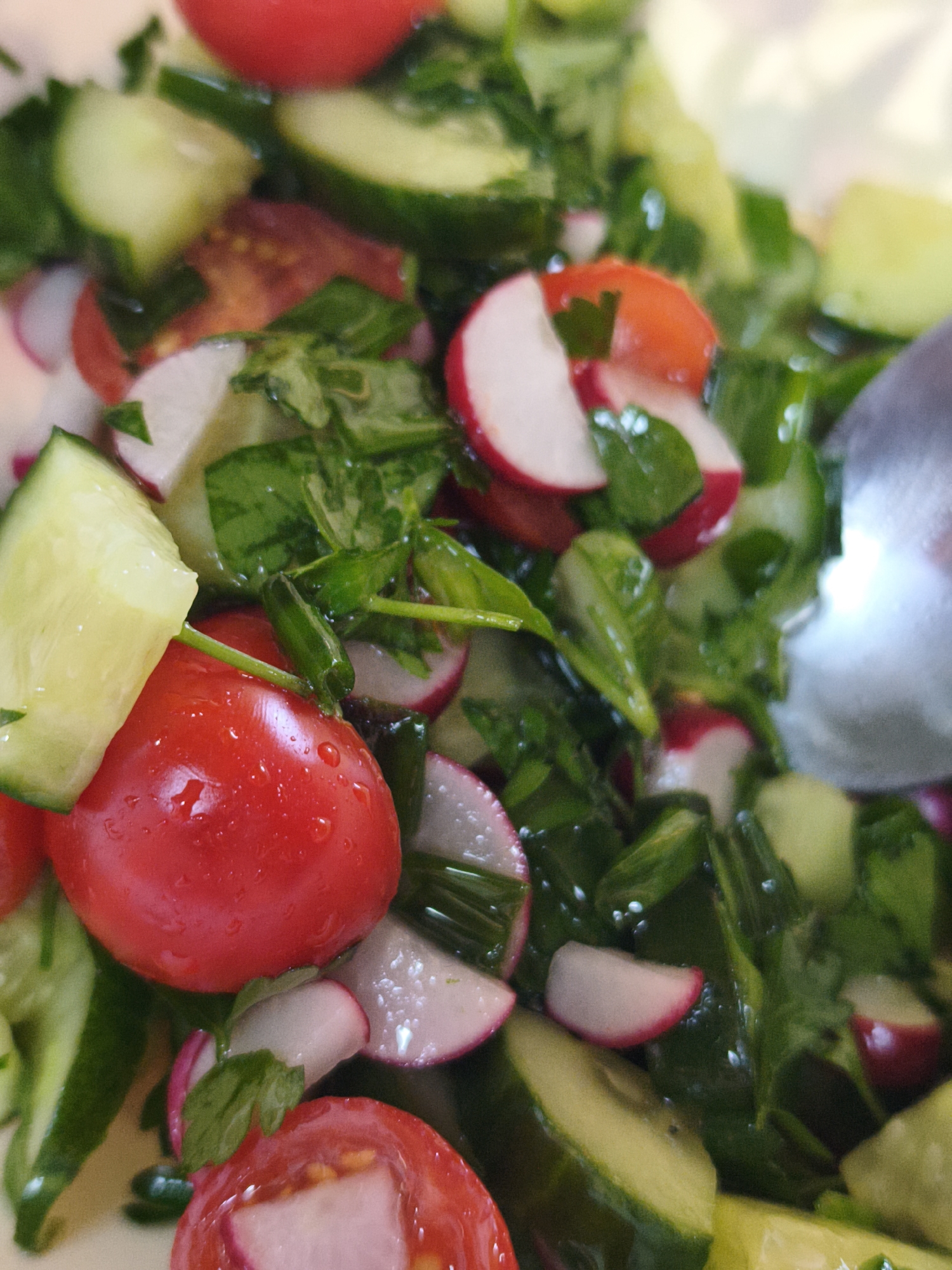 A close-up shot reveals a vibrant salad comprised of sliced cucumbers, halved cherry tomatoes, radishes, and fresh herbs, possibly parsley or cilantro. The vegetables are glistening with moisture, indicating they have been recently washed or dressed. A spoon is present in the salad. The location is not evident from the image alone, and it is impossible to verify that it was taken in Chaikovsky, Russia.