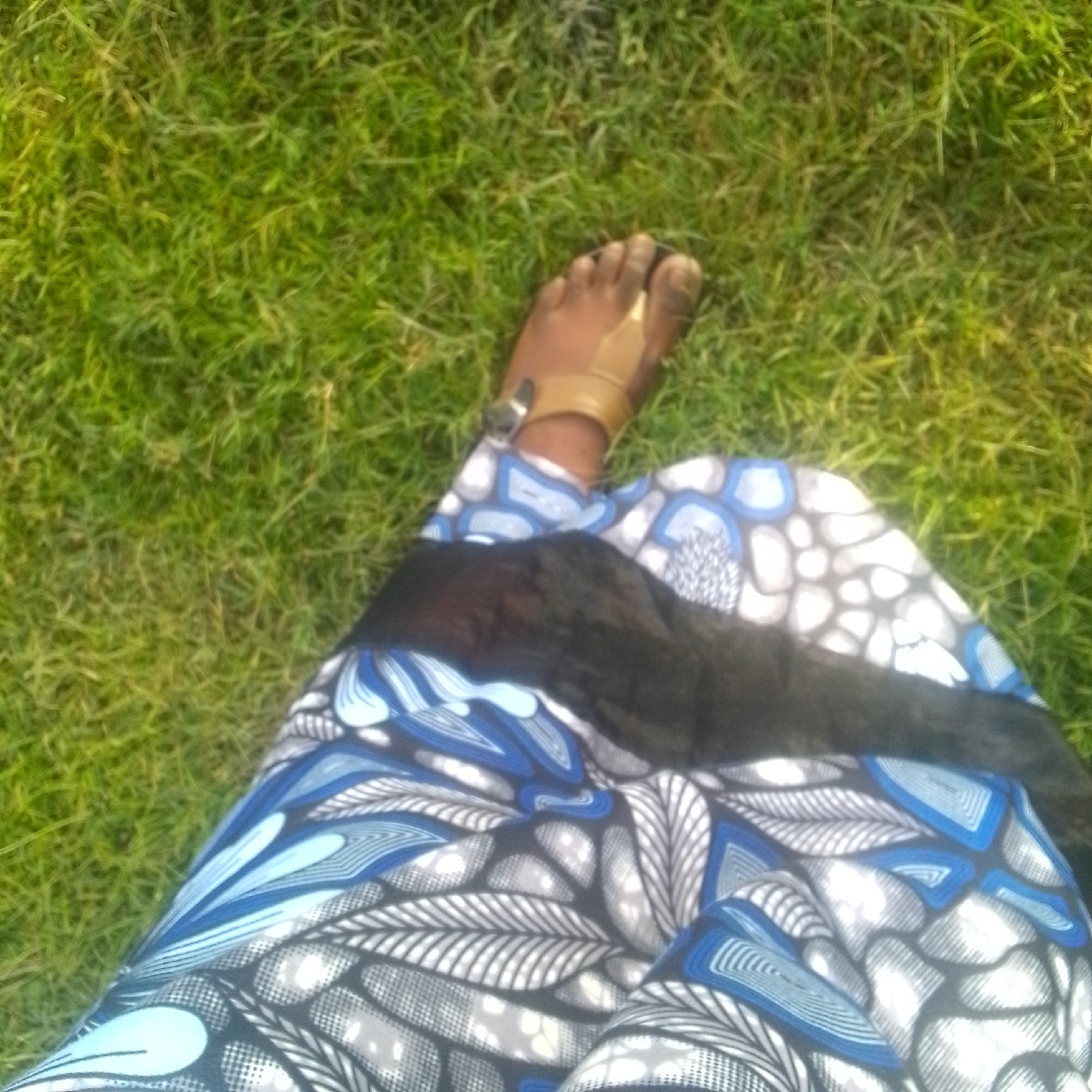The media file is a close-up, top-down view of a person's legs and feet. The person is wearing a sandal on their right foot and a dress with a blue, white, and gray patterned fabric that resembles stylized leaves and abstract shapes. A dark fabric, possibly a shawl or scarf, is draped over the person's legs. The background is a green grassy area, suggesting an outdoor setting. The lighting appears natural, indicating it is daytime. The image is somewhat blurry, especially in the background, but the details of the dress pattern and the sandal are discernible. No text is visible in the image. The focus is on the fabric and the footwear, with the person's legs forming the central elements. The overall impression is casual and relaxed.