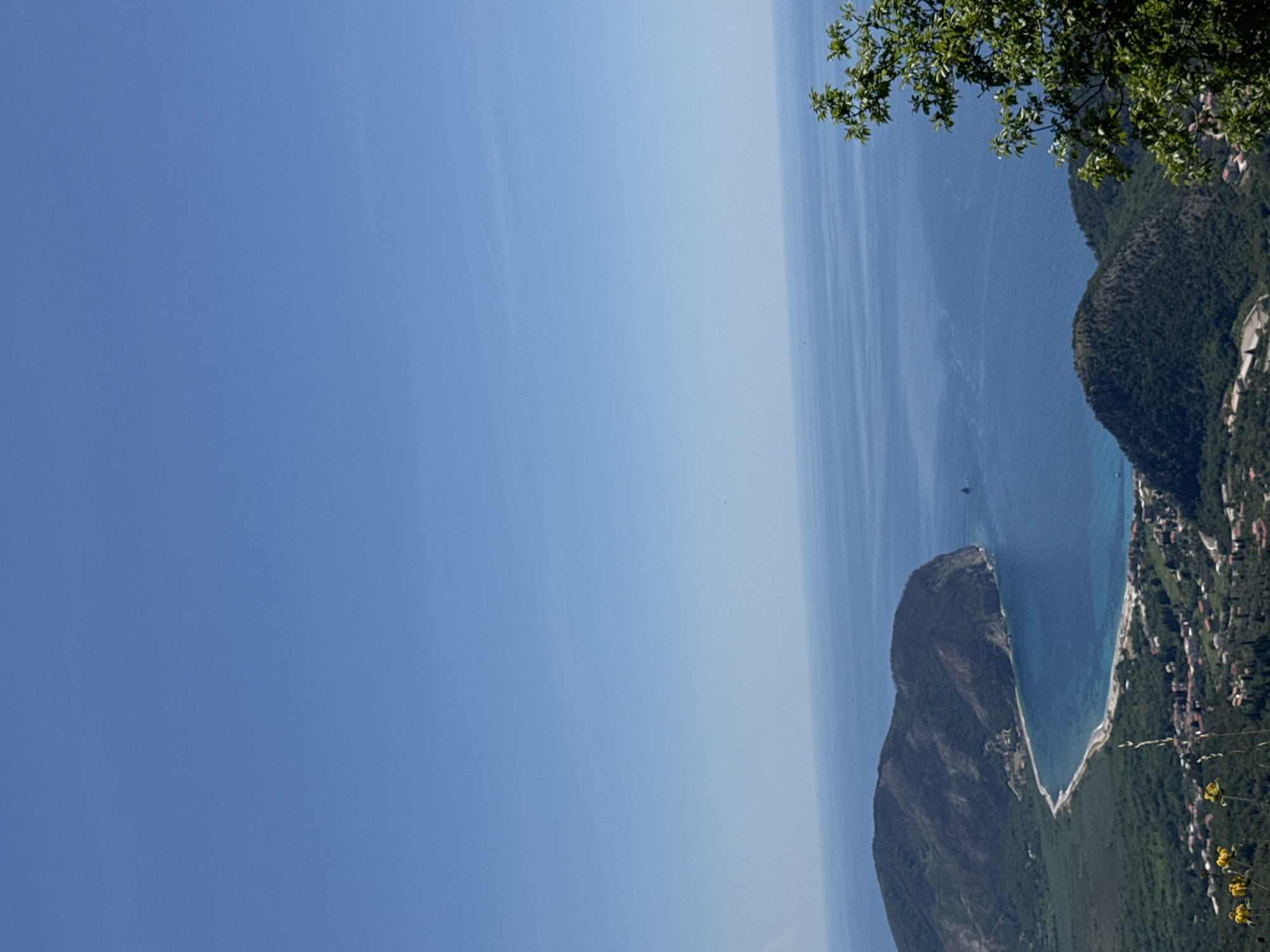The image shows a coastal view from a high angle in Novoselje, Montenegro. The Adriatic Sea stretches into the distance, merging with a hazy blue sky. A mountainous peninsula juts into the sea. The coastline features a narrow beach and dense vegetation, dotted with buildings. Green foliage is visible in the upper right corner.