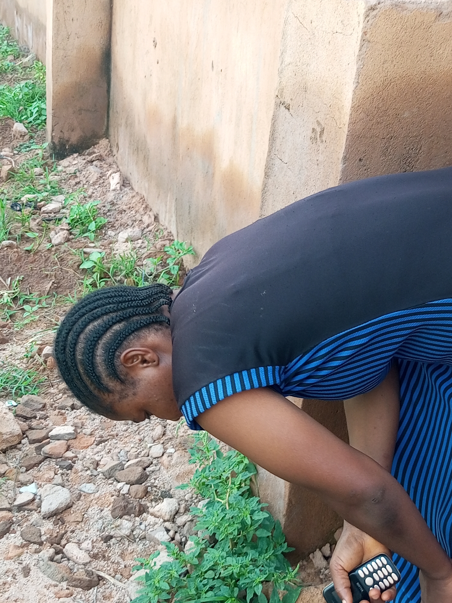 A woman is bent over, her head down. She is wearing a black shirt with blue stripes on the sleeves and a blue and black striped skirt or dress. Her hair is braided into neat cornrows. In her right hand, she holds a black mobile phone with a white keypad. The scene appears to be outdoors, with a rough, stony ground covered in small green plants. Behind her, a textured, light-colored wall is visible. The lighting suggests it could be daytime.