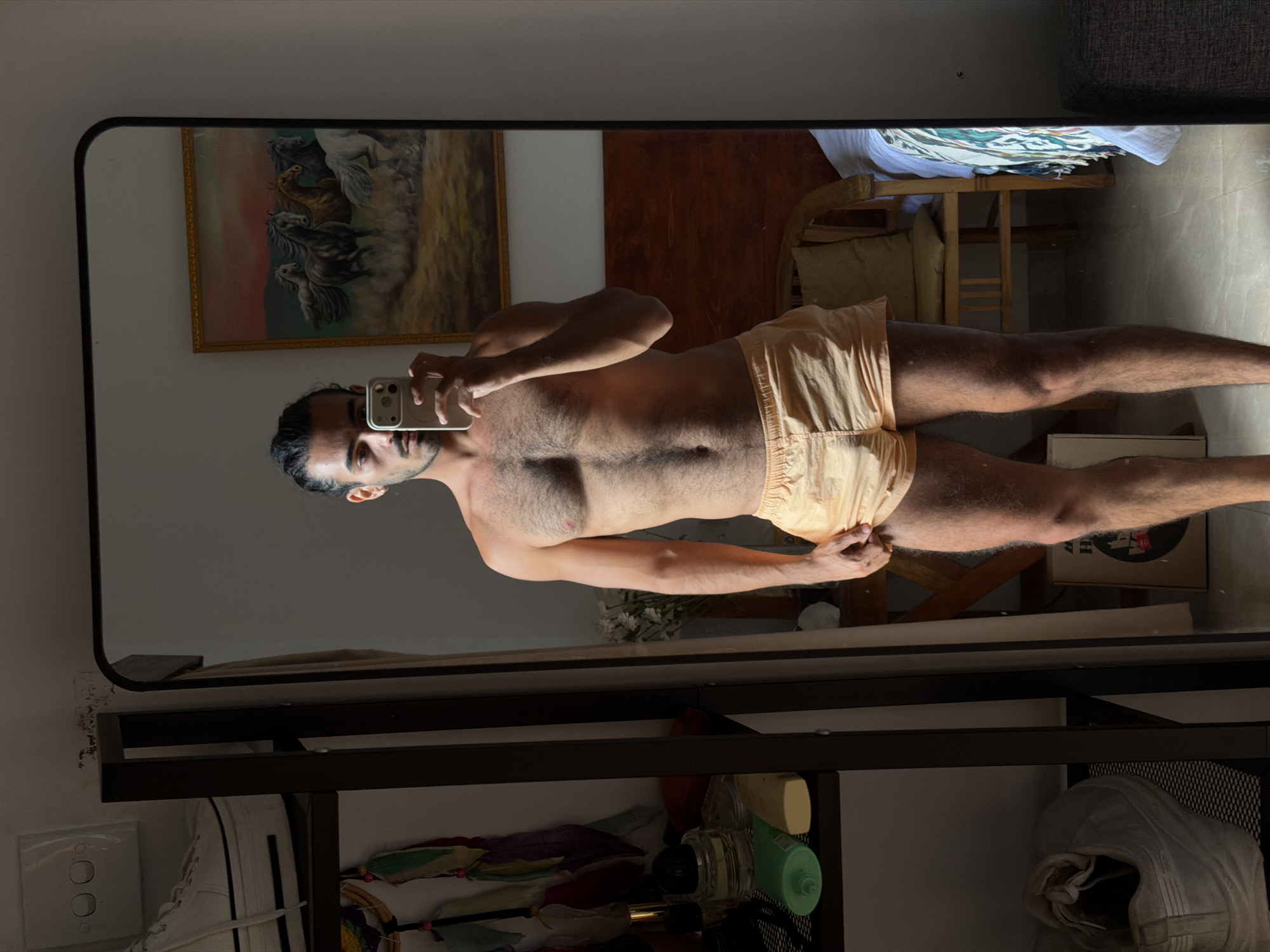 A man is depicted taking a mirror selfie in what appears to be a bedroom or living space in North Kuta, Indonesia. The full-length, black-framed mirror reflects the shirtless man, who is wearing light beige shorts and holding a light-colored smartphone to capture his image. He has dark hair, a beard, and a noticeably hairy chest and legs.
The reflection in the mirror reveals a room with light-colored walls. A painting of several horses in motion, framed in gold, hangs on the wall. Part of a wooden chair with a cushion and patterned fabric is also visible in the reflection.
In the foreground, below the mirror's reflection, a dark-colored shelving unit is present. On its lower shelves, various items can be seen, including white high-top sneakers on the left, and an assortment of bottles (possibly cosmetics or fragrances) and colorful fabrics on the right. A white power outlet or light switch is visible on the wall beside the shelving unit.
The scene is illuminated by natural light, creating shadows that indicate it is daytime. No significant text is legible in the image.