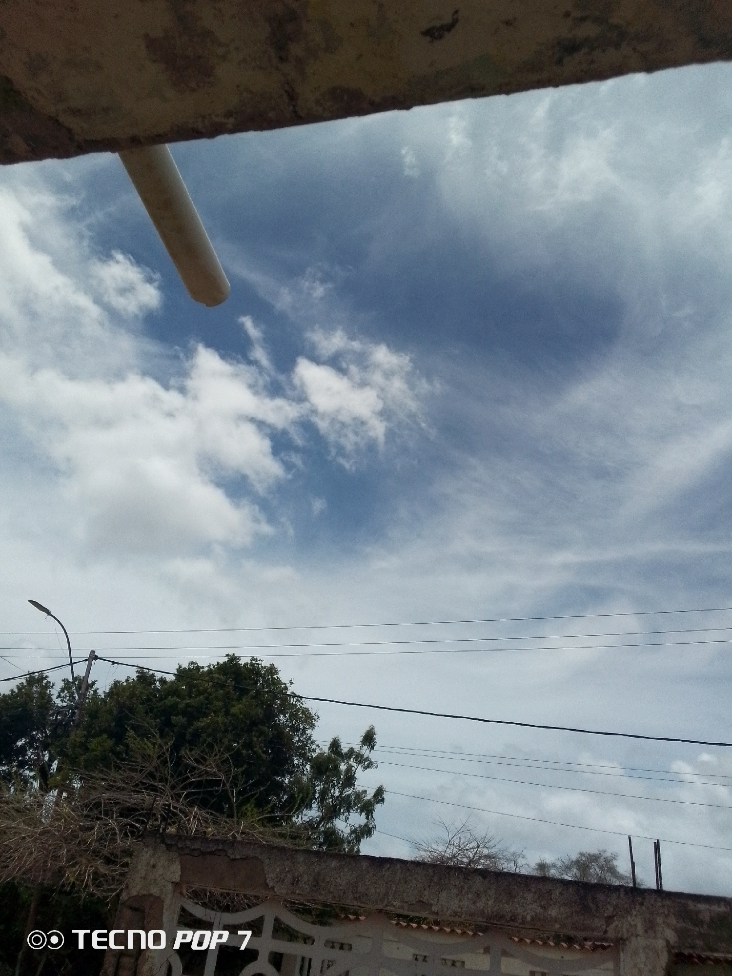 This outdoor image, captured in the city of Altagracia, Venezuela, presents an upward-looking view encompassing a sky, an overhead structural element, utility infrastructure, and vegetation. The sky, occupying the upper portion of the frame, displays a mix of clear blue and scattered white clouds, including distinct cumulus formations on the left and wispy cirrus-like clouds in the upper right, indicative of daytime conditions.
An irregular, weathered concrete or stone slab forms an overhang across the top of the image. A light-colored, cylindrical pipe extends downwards from this overhang, slightly left of center. Below this, several parallel utility wires or cables traverse the mid-ground horizontally. A dark streetlight pole, featuring a curved lamp fixture, ascends from the lower left toward the sky.
Below the utility lines, a dense canopy of green trees is visible. In the lower section of the image, a rough, weathered concrete or masonry wall serves as a boundary. Overlapping and in front of this wall, particularly on the left, are numerous dry, tangled branches of leafless shrubs. Faint patterns of what appears to be a decorative metal gate or fence are discernible beneath the wall. No people or specific actions are depicted within the scene. A "◎ TECNO POP 7" watermark is present in the lower left corner.