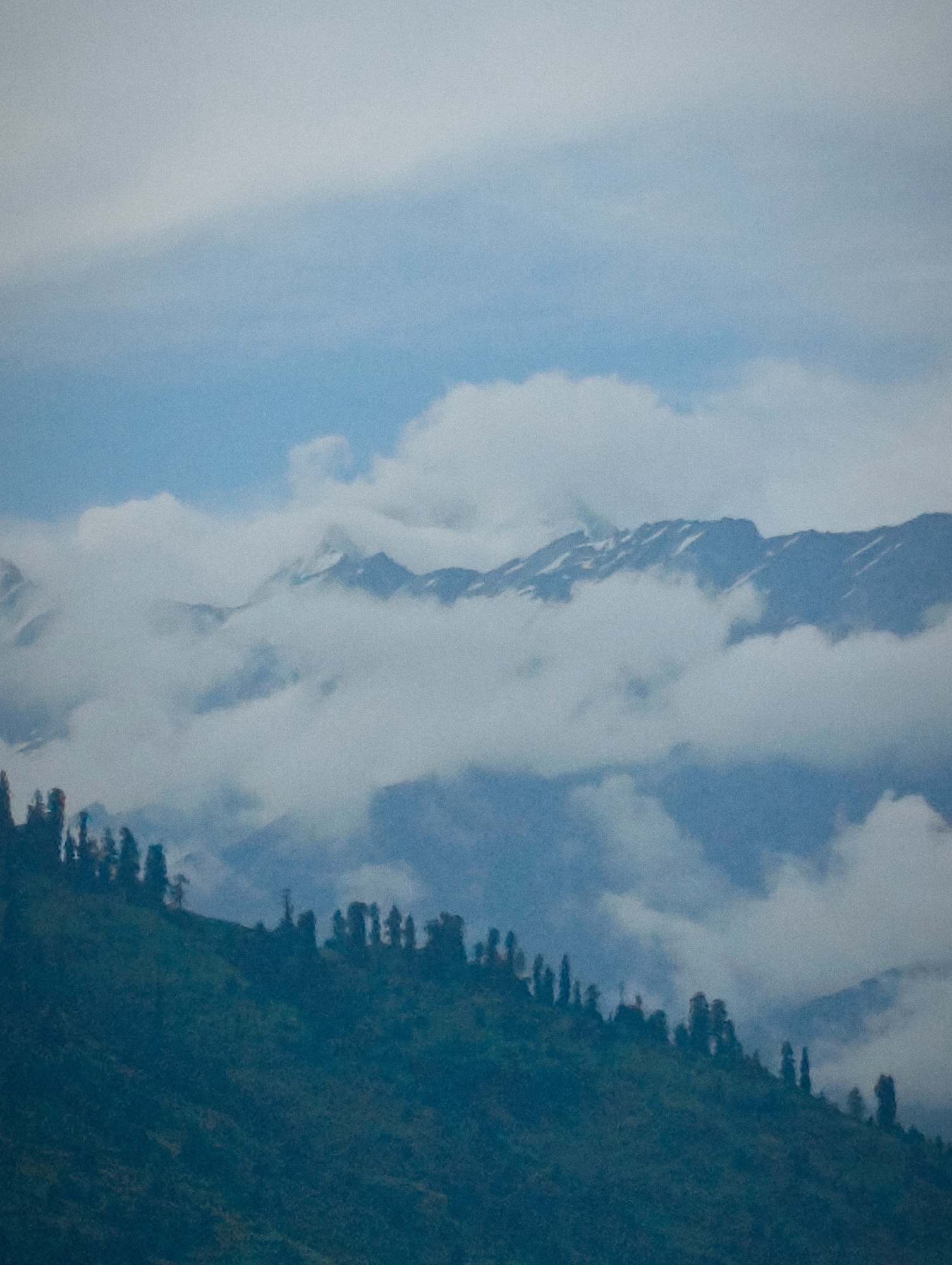 The image depicts a mountainous landscape, likely near Vashisht, India, under a cloudy sky. In the foreground, a dark green, tree-covered slope rises steeply. The trees are silhouetted against the sky and appear to be coniferous, with a scattered and irregular pattern along the ridge.
Further in the background, a range of mountains is visible, partially obscured by a layer of white, fluffy clouds. These clouds form a soft, ethereal veil, creating a sense of depth and atmospheric perspective. Some of the higher peaks of the mountains are capped with snow, appearing as white streaks against the darker rock.
The sky above is a muted blue, with lighter patches of clouds that seem to blend into the overall hazy atmosphere. The overall impression is one of serene natural beauty, with the mist and clouds lending a slightly dramatic and majestic quality to the scene. There are no people or man-made structures directly visible in the image.