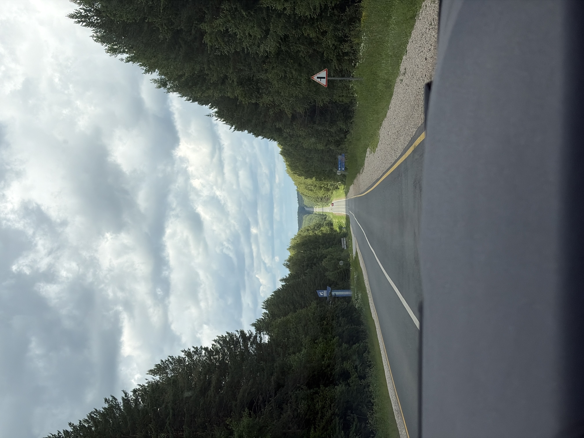 The image shows a view from the front seat of a vehicle traveling on a two-lane asphalt road that disappears into the distance. The road is bordered by dense evergreen forests on both sides. The sky is overcast with dramatic, dark gray clouds, but patches of blue are visible in the distance, suggesting the edge of the storm.
On the left side of the road, a blue sign with white text and a logo is visible. Further down the road on the left, another blue directional sign is present. On the right side of the road, a triangular traffic sign with a red border and a black symbol indicating a side road is posted. Small white flowers and green grass grow along the edge of the road. A faint yellow line marks the shoulder of the road. The foreground shows the dark interior of the vehicle. Two red cars are visible in the far distance on the road. The overall impression is a slightly moody, yet scenic drive through a heavily wooded area.