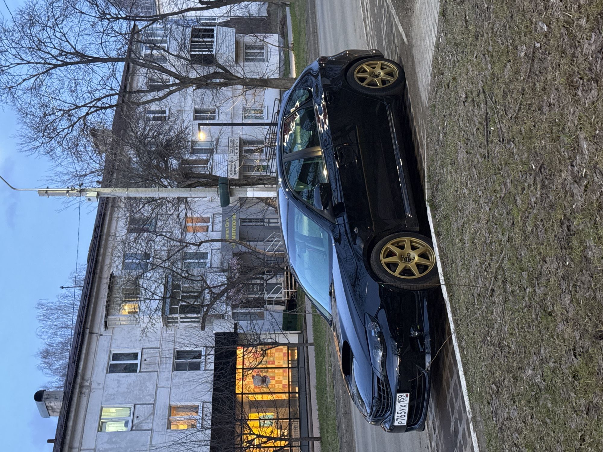 This image depicts a street scene in Chaikovsky, Russia, during dusk or early evening. A black car, equipped with distinctive gold-colored multi-spoke alloy wheels, is parked at the edge of a paved road. The car's front license plate, "P765YX 159 RUSSIA," is clearly visible.
In the background, a light-colored, multi-story building stands prominently. It features numerous windows, some of which are brightly lit from within, indicating an active interior or commercial establishments. Reflections can be seen in several of the building's windows. Bare trees with intricate branch patterns are scattered across the scene, suggesting late autumn or winter. A street lamp is also visible, casting light onto the area.
Separating the road from the building is a grassy verge covered with sparse, dry grass and fallen leaves. A sign partially visible on the building displays Russian text, including "НЕДВИЖИМОСТЬ, ТУРИСТВО" (Real Estate, Tourism) and "МАРКЕТ" (Market), hinting at commercial activities within the building. The sky is a soft blue, characteristic of twilight. No people are visible in the static, urban landscape.