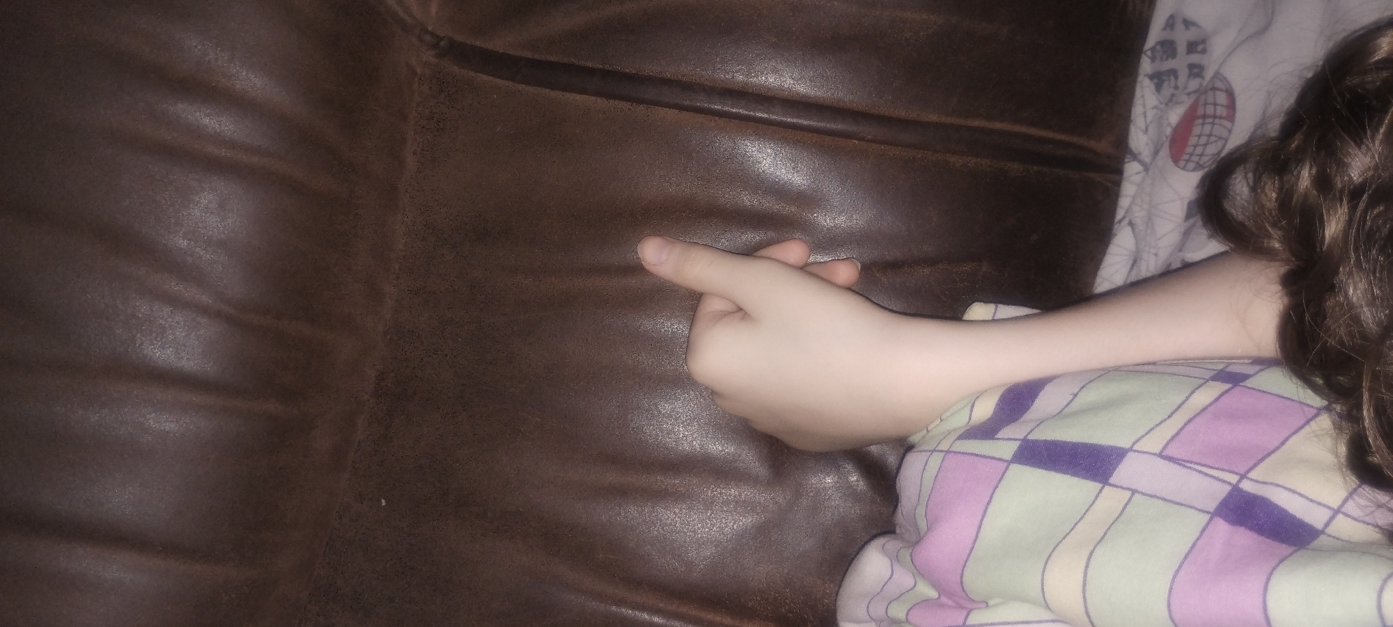 A hand with light skin is held up against a dark brown leather surface, possibly a couch or chair. The hand is positioned such that the thumb is extended upwards, while the other fingers are curled inwards. The person is wearing a colorful garment with a plaid pattern of green, purple, and pink. The background shows the textured surface of the leather, with visible creases and variations in color and light. There is no indication of the location in Zaporizhzhia, Ukraine.