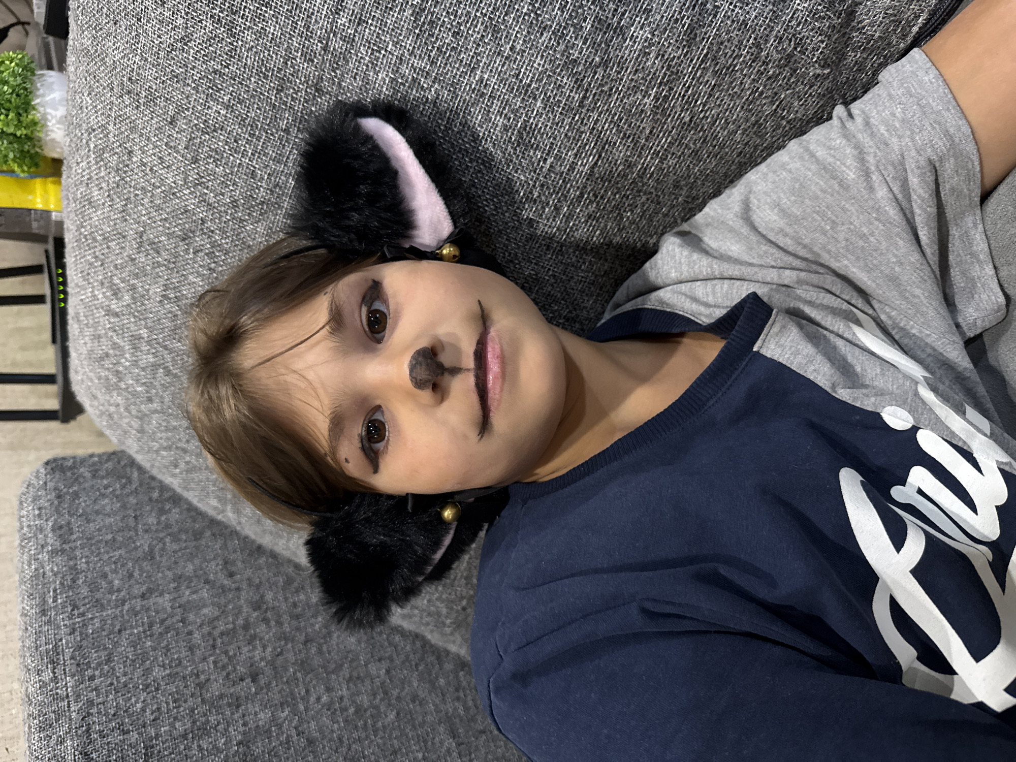 A young person with brown hair, wearing black cat ears with pink accents and gold bells, and face paint resembling a cat's nose and whiskers, sits on a grey textured sofa. They are wearing a navy blue shirt with a grey panel on the right side, featuring white lettering. The background shows a blurry domestic environment, and the scene is indoors.